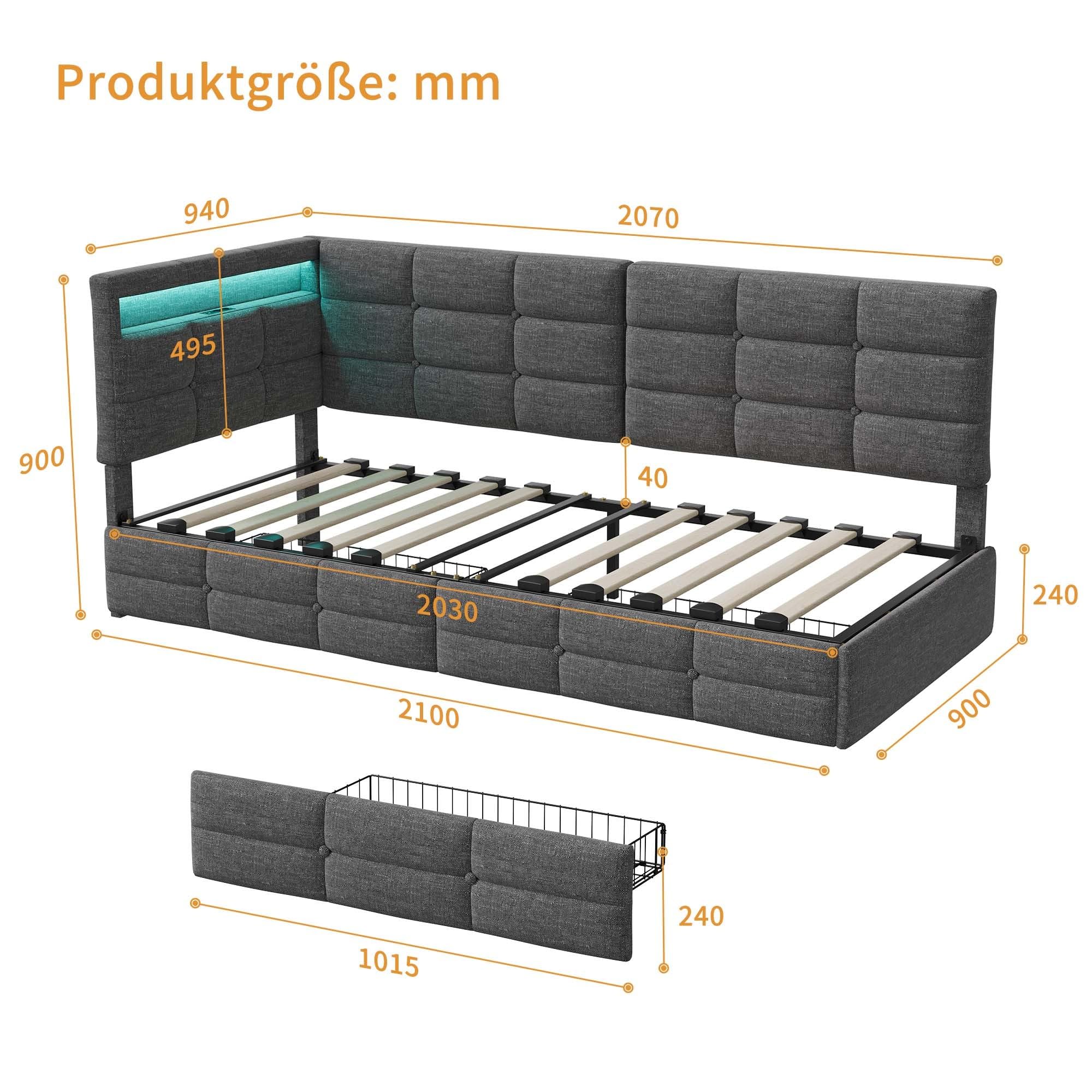 Sofa z funkcją spania w kształcie L 90x200 z 2 szufladami do przechowywania, sofa rozkładana, funkcyjne łóżko z funkcją spania z USB/Typ C i światłem LED, sofa tapczan, rozkładane łóżko, łóżko tapczan