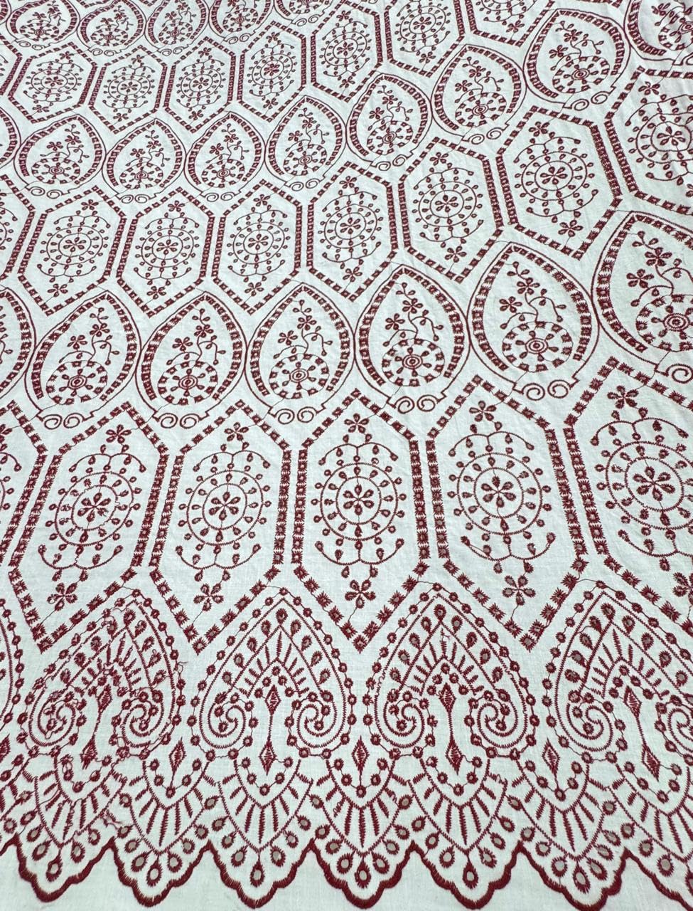 Schiffli Fabric Floral Pattern White with Maroon Embroidery WIDTH : 54" CHIKANKARI 100% COTTON-image-39