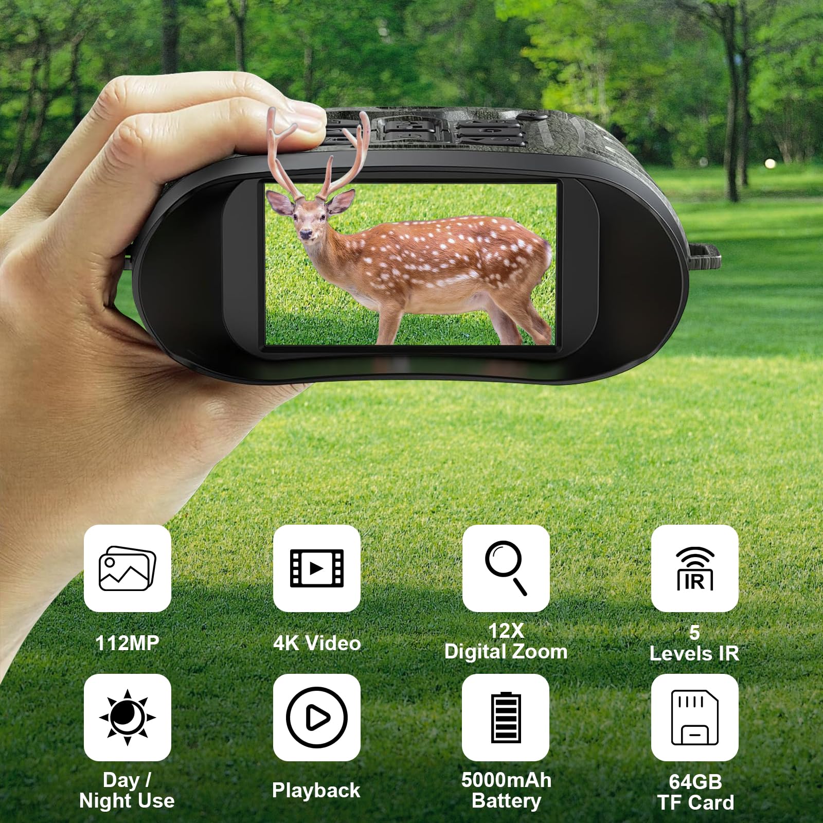 4K 48MP Binocolo Visione Notturna, 5000 mAh, Zoom 8X, Portata 400 m, Include Scheda da 64 GB, Schermo da 3" Binocolo Visione Notturna per Campeggio, Caccia e Sicurezza