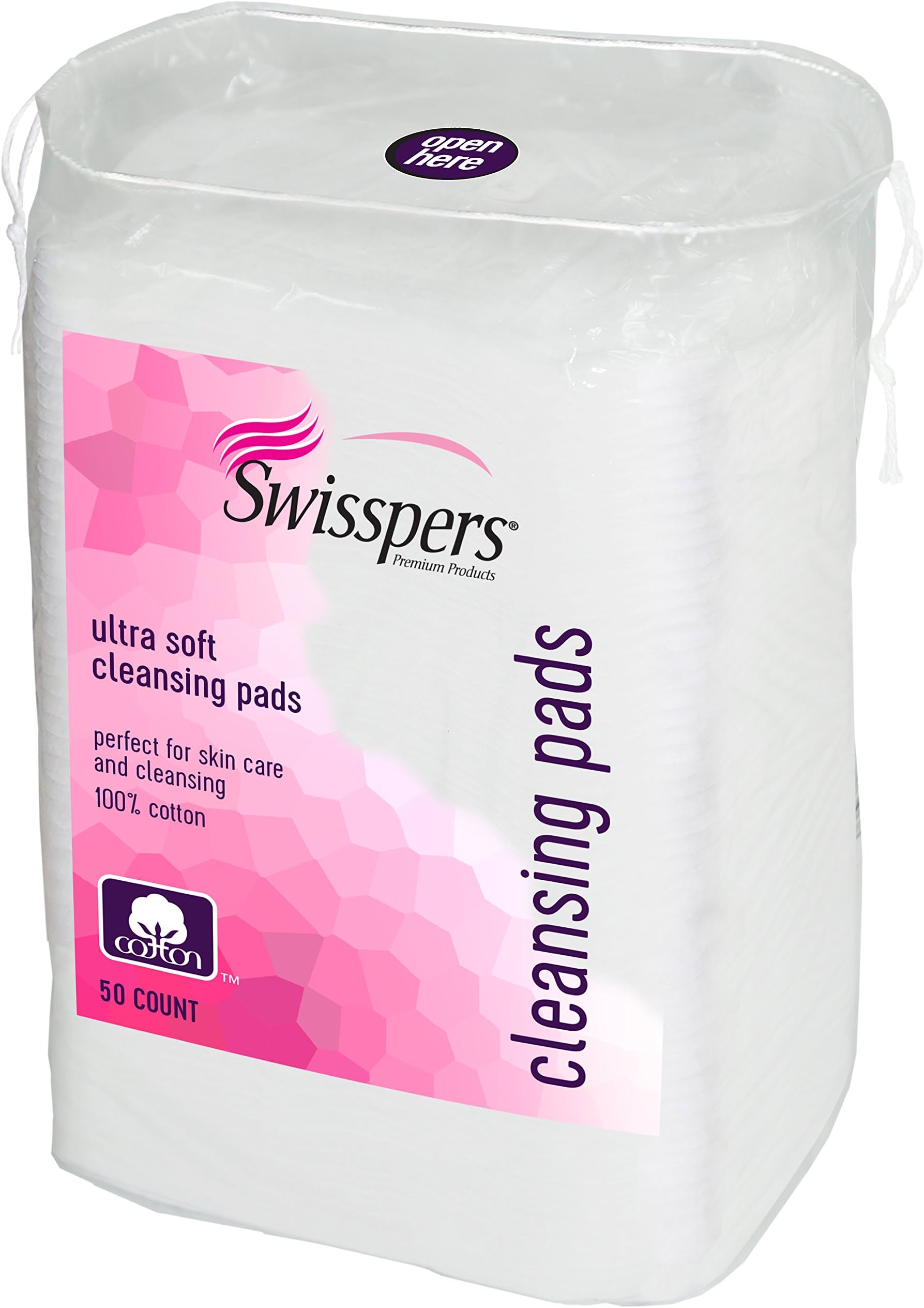 Premium Facial Cleansing Pad, 100% Cotton, Ultra Soft, Extra Large, 50 Pads per Re-closable Bag