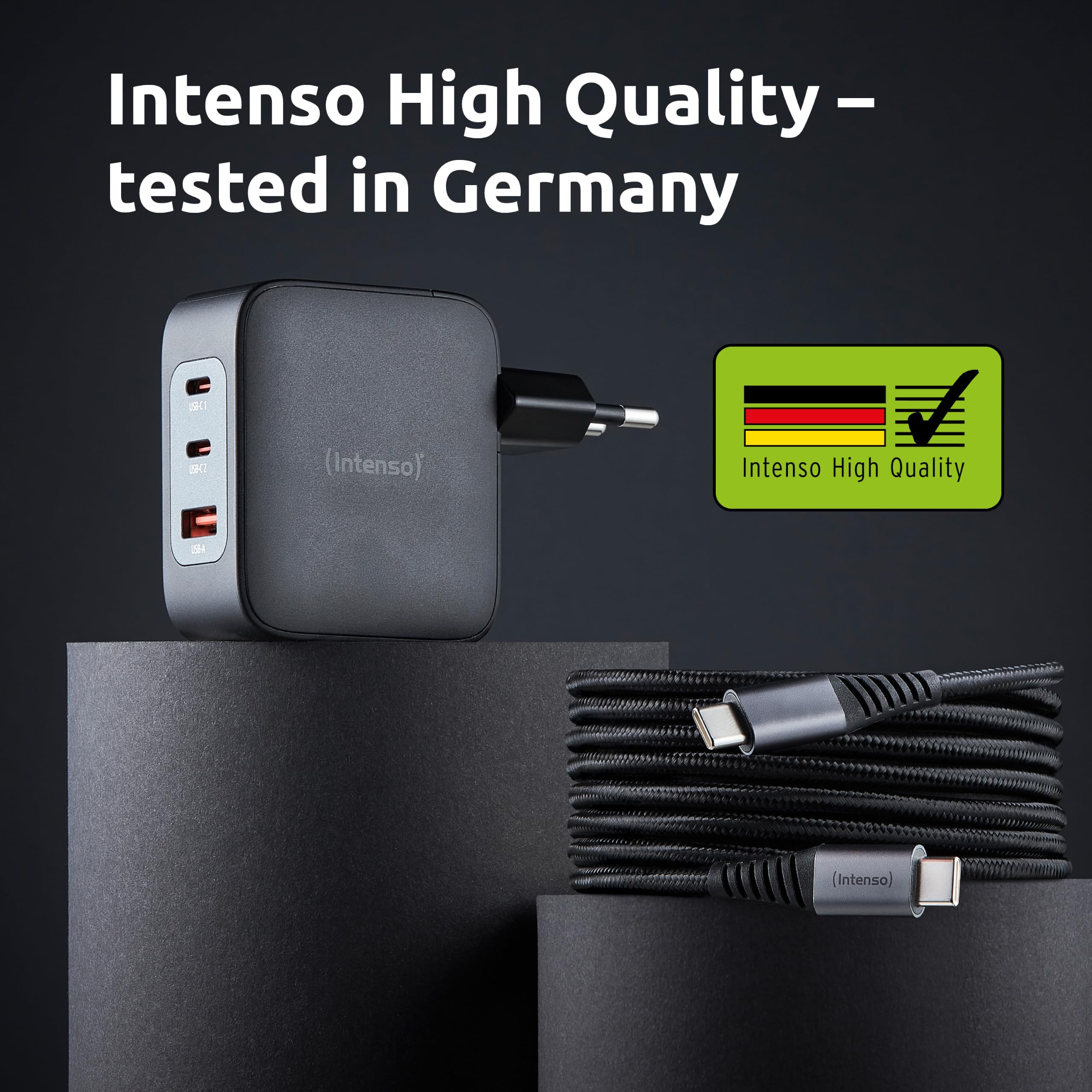 Intenso Power Adapter W100ACC GaN + C520C, 2 x USB-A, alimentatore di rete fino a 100 W, ricarica rapida (PD 3.1, PPS e QC 4.0) + USB-C a C dati + cavo di ricarica per iPhone, Samsung Galaxy, colore