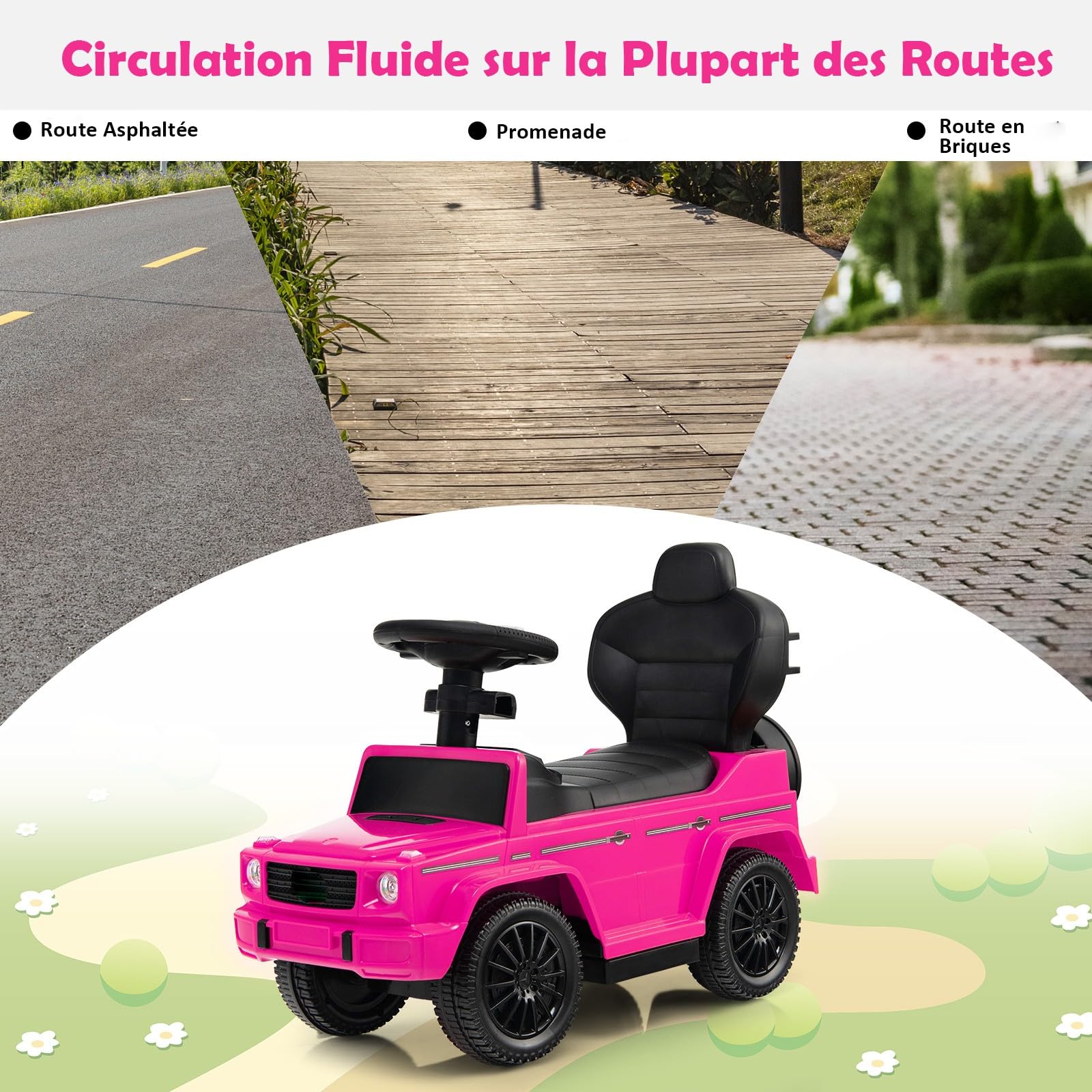 COSTWAY 3 en 1 Mercedes-Benz Porteur Enfant avec Poignée Détachable & Auvent Amovible, Voiture à Pousser Bébé avec Volant & Klaxon, Espace Caché & Repose-Pieds, Charge 25kg pour 1-3 Ans (Rose)