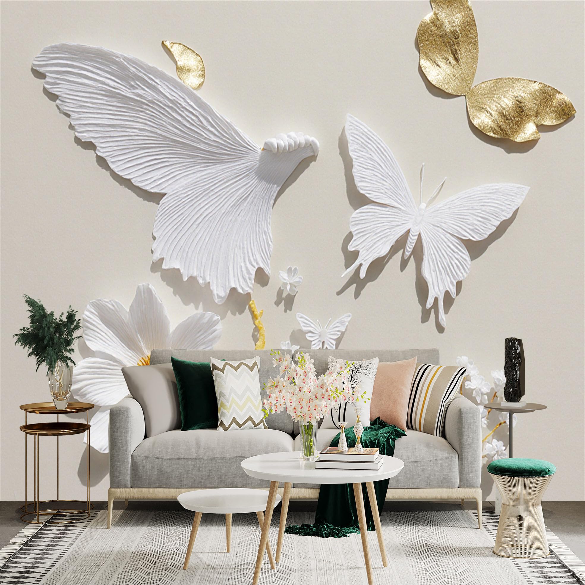 Custom Size Wall Sticker Mural， Elegant White Butterflies with Gold Petals and Floral Elements， for wall Decoration， peelandstick wall Decals.