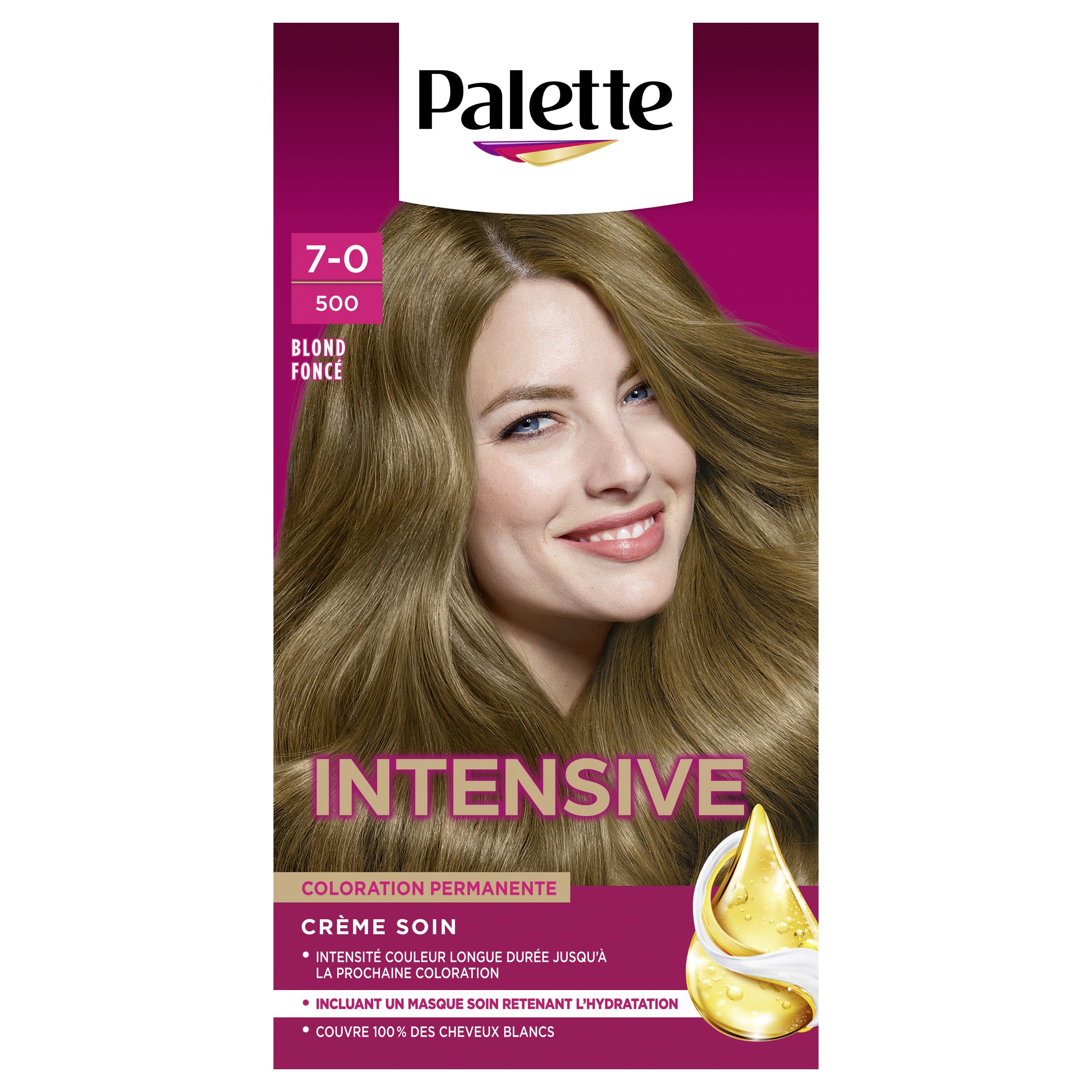 Palette, coloration permanente creme soin, couverture 100% cheveux blancs, couleur longue duree jusqu’a la prochaine coloration, 7.0 (500) blond fonce