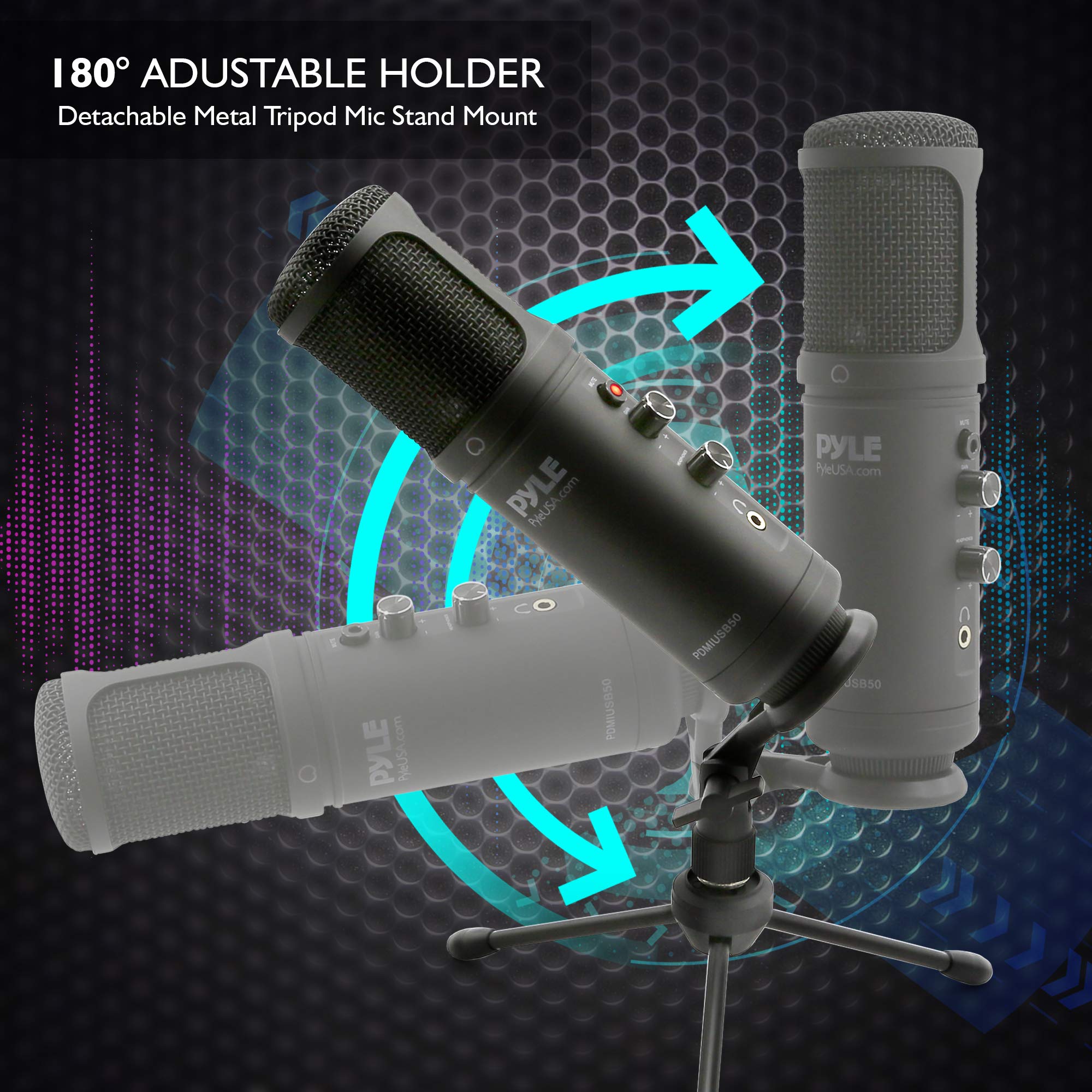 Jovial Pyle - Micrófono Condensador de grabación USB para PC, micrófono Condensador de Audio Profesional portátil, LED Azul, Ganancia Ajustable, Conector de Auriculares, Control de Silencio, Soporte