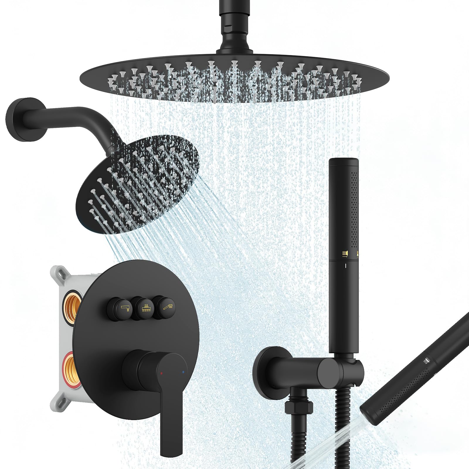 BESy Shower Faucet Fixtures Set for Bathroom, 10 &amp; 6 In Round Dual Rain Shower Head, Ceiling &amp; Wall Mounted Rainfall Shower System, Push Button Diverter Shower Valve with 2 in 1 Handheld, Matte Black