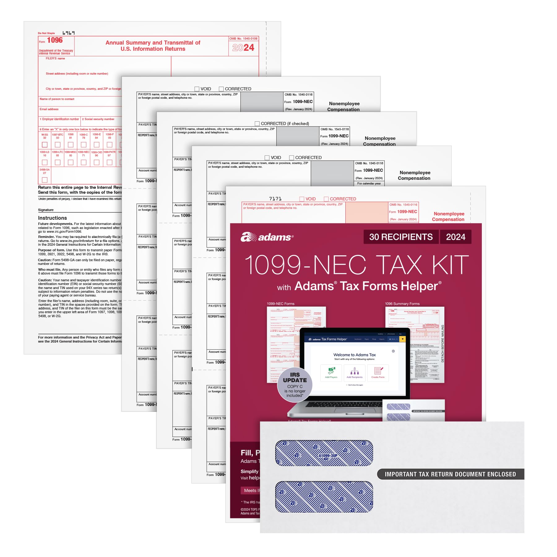 Adams 2024 1099 NEC Tax Forms Kit for 30 Recipients, 4-Part 1099 Forms, 3 1096 Forms, Self Seal Envelopes, Access to Adams Tax Forms Helper (1009317)