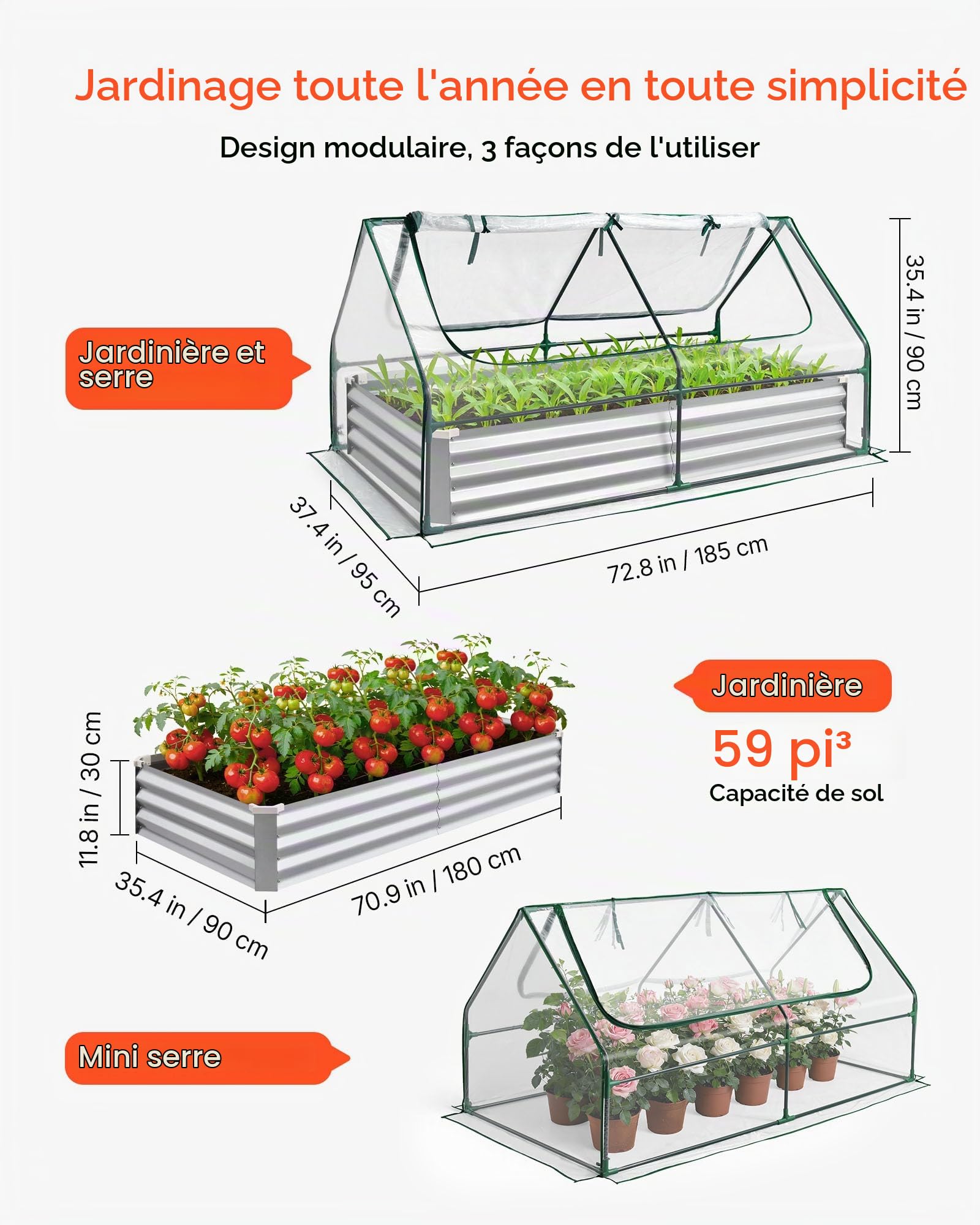 VEVOR Potager Surélevé Métal avec Bâche de Serre Carré Potager Surélevé 180x90x30 cm Lit de Jardin Rectangulaire pour Culture Légumes Fleurs, Fond Ouvert, Galvanisé Aluminium-zinc, avec Gants, Argenté