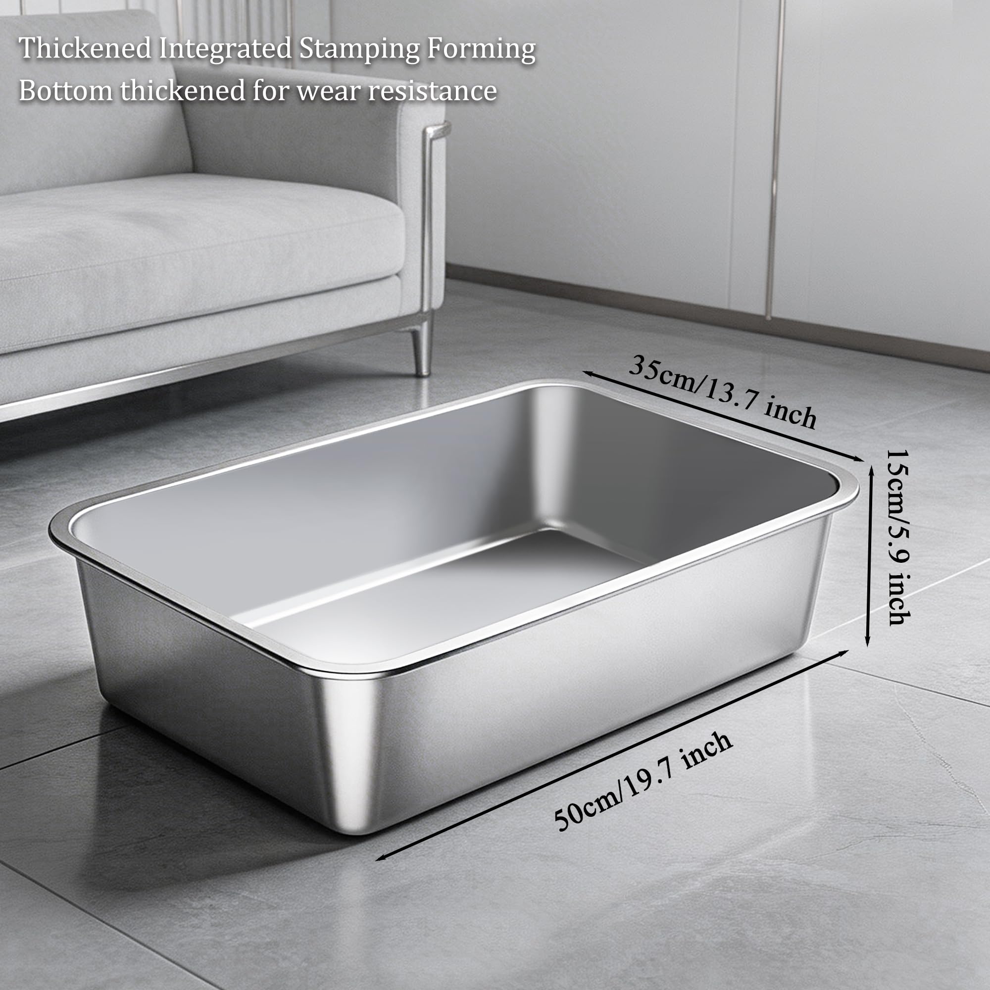 Vealind Caja de Arena para Gatos de Acero Inoxidable Grande, 45 x 35 x 15 cm, Superficie Antiadherente, Fácil de Limpiar, Parte Superior Abierta para Gatos