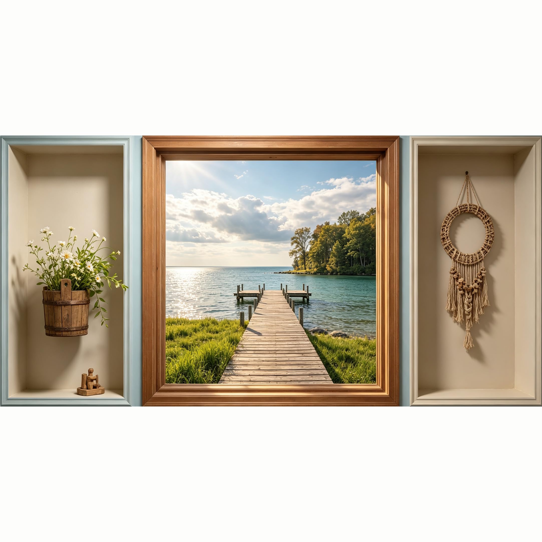 QZLITHOTIC 50x100cm 3D Framed Wall Art， Scenic Lake Pier Landscape Self‑Adhesive Mural， Water‑Activated Peel & Stick Fabric Decor Wall Decal for Bedroom Living Room