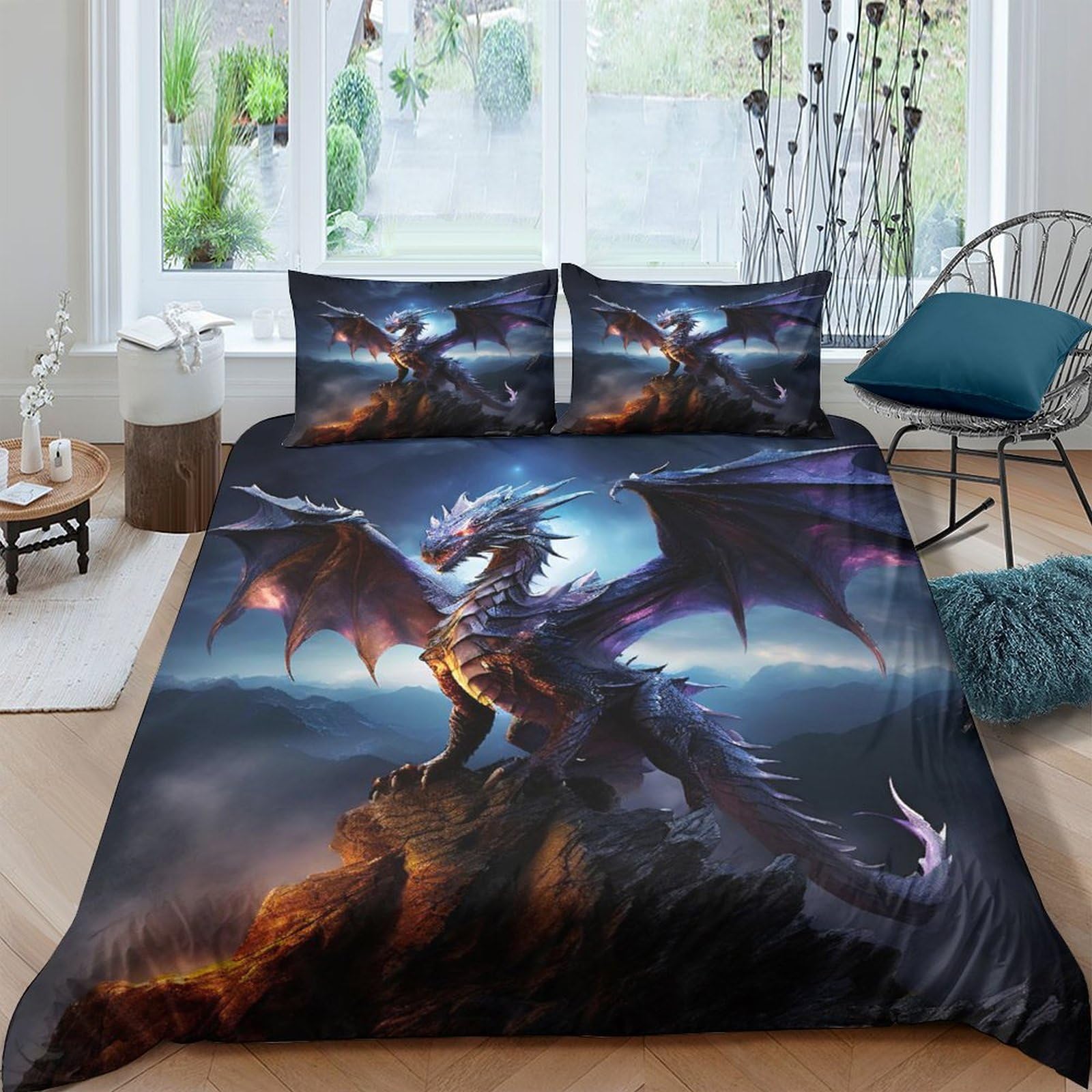 Ctjqhvkz Style-2 3D Printed Dark Dragon Fitted Sheet Microfiber Soft Breathable Fantasy Mountain Bed Cover For Bedroom Guest Room Decor Single（135X200cm）