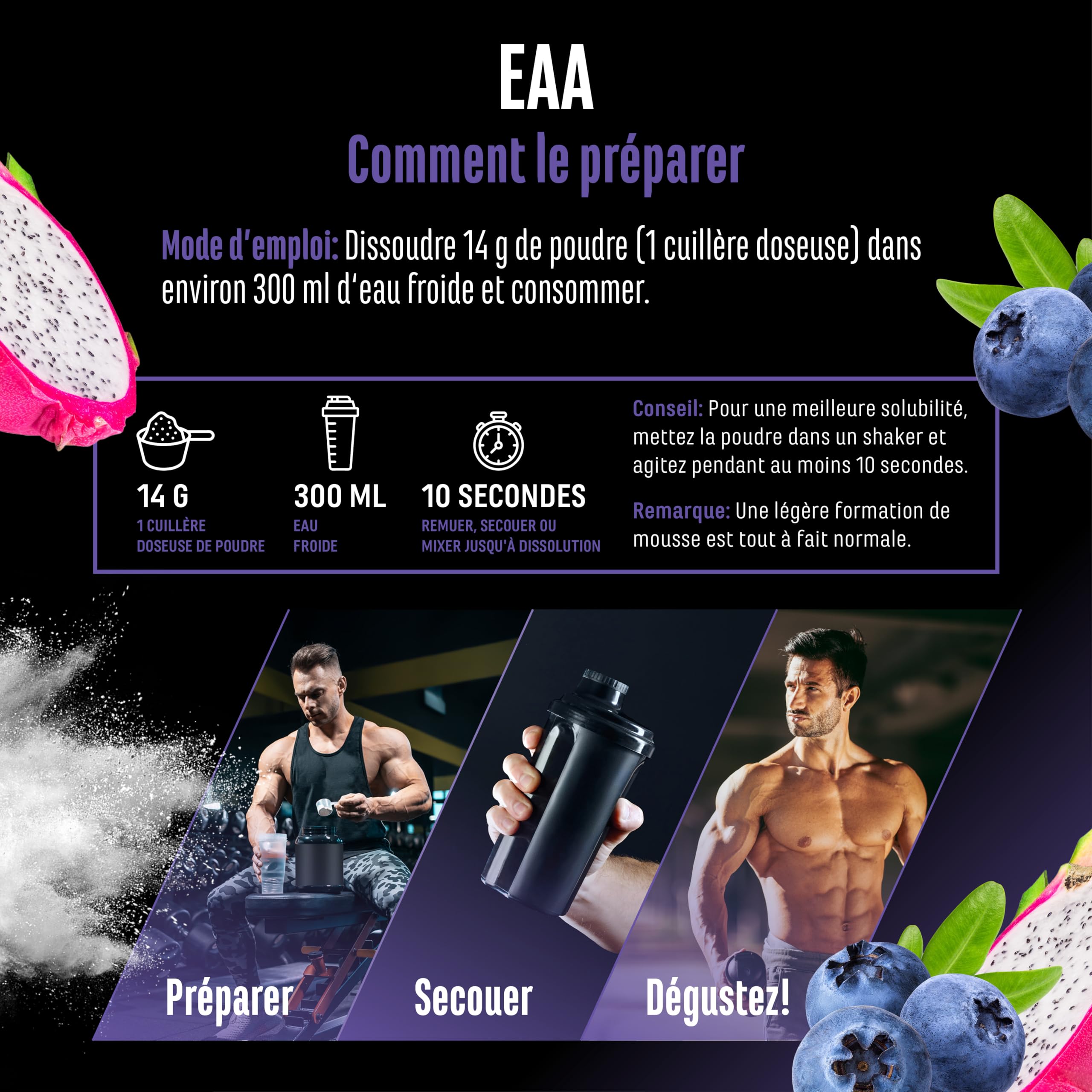 Poudre d’EAA 532 g (38 portions) - Les 9 acides aminés essentiels incl. histidine & BCAA - Formule Human Code - Très bonne solubilité - Boisson d’acides aminés rafraîchissante (Blueberry Dragonfruit)
