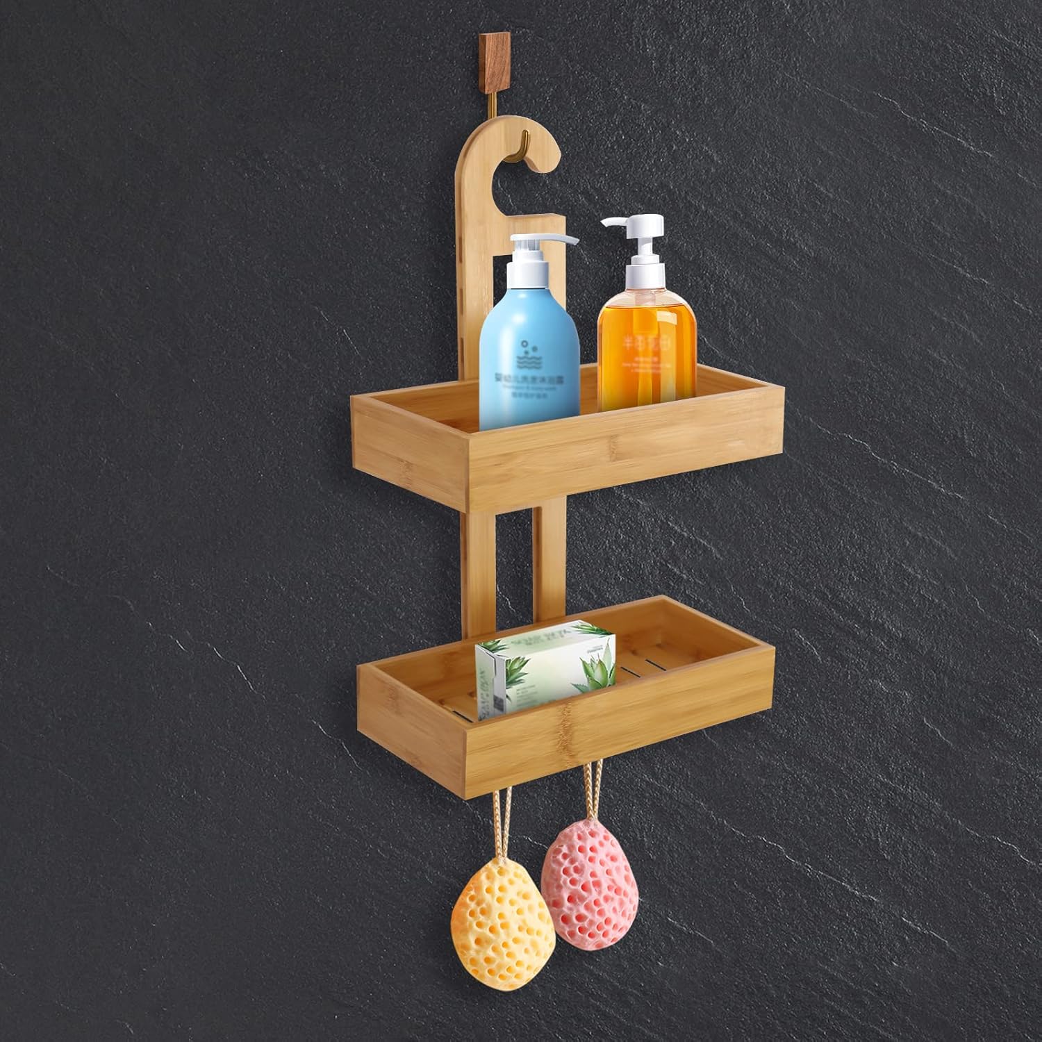 WANLECY Bamboo Hanging Shower Caddy, 2 Level Over Shower