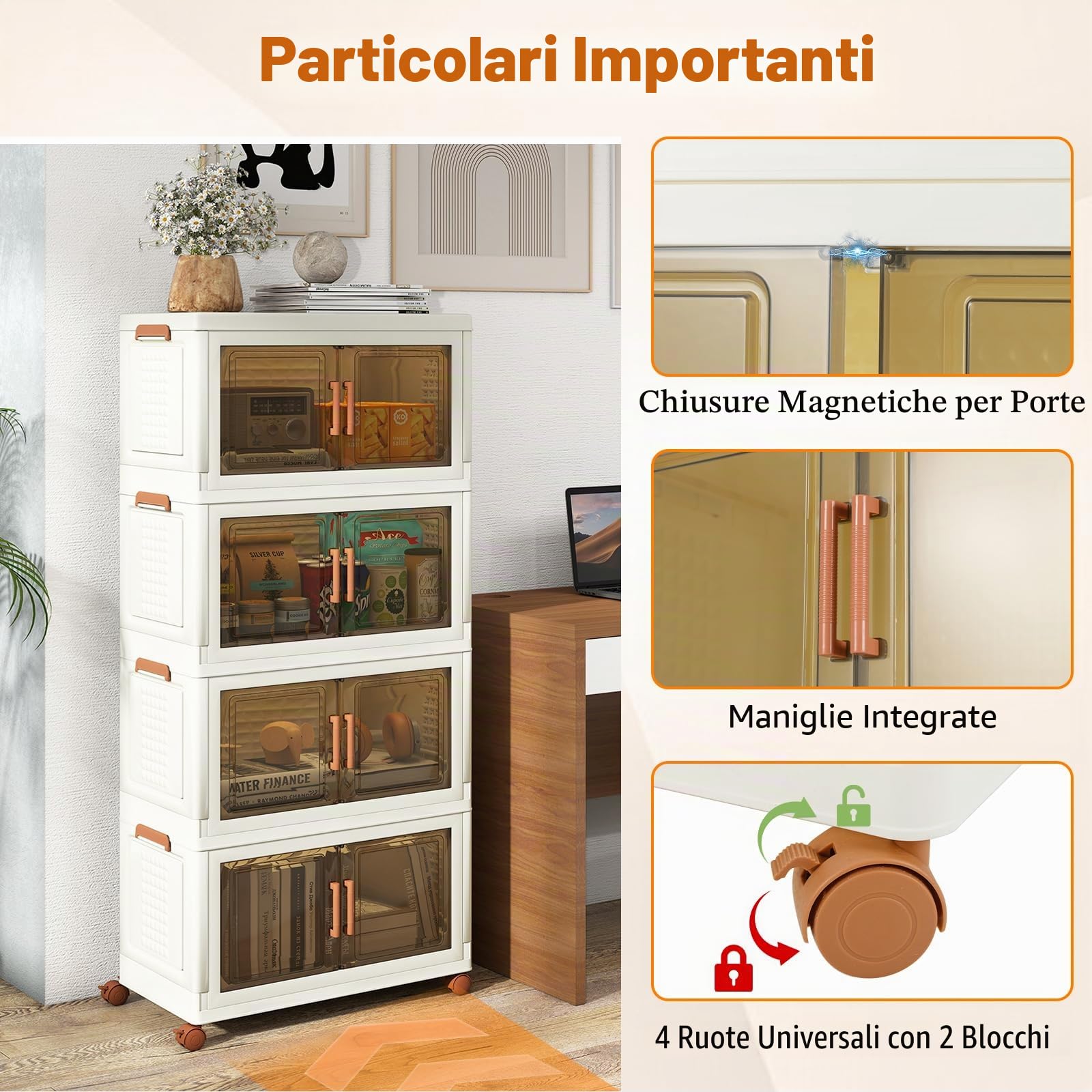 GIANTEX Contenitore di Archiviazione in Plastica, Organizzatore Impilabile con Coperchi e Porte, 4 Ruote, Scatole Organizzatore Pieghevoli per Soggiorno, Camera da Letto (62,5 x 34,5 x 130,5 cm)