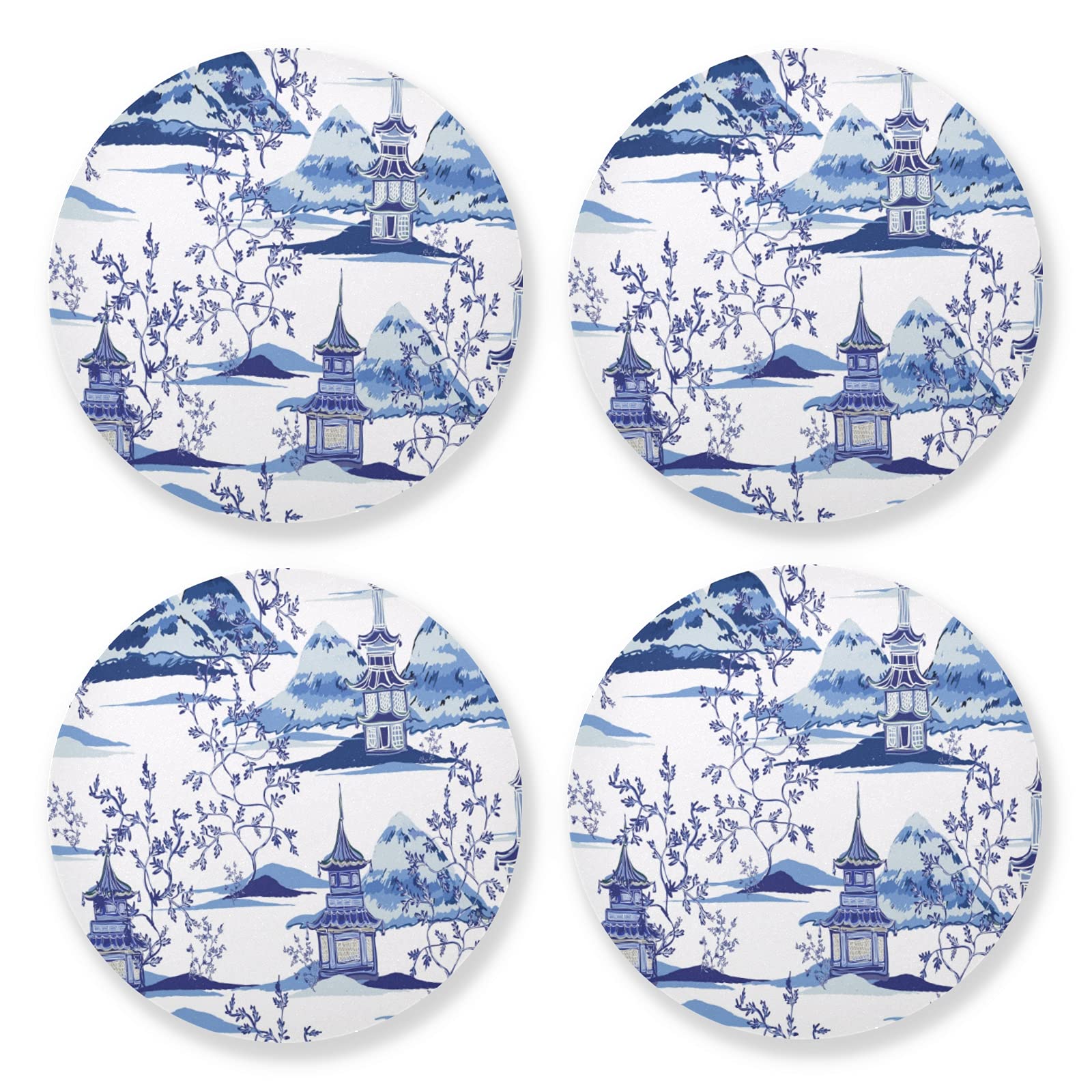 Poeticcity Beautiful Vintage Blue Ink Chinese Pagodas, Mountains, Trees 4 Set Wood Mug Coaster, Cup Mat Pad for Kinds of Mugs, Oversize Stone Coasters Holder with Cork Base Housewarming Drinks Gifts