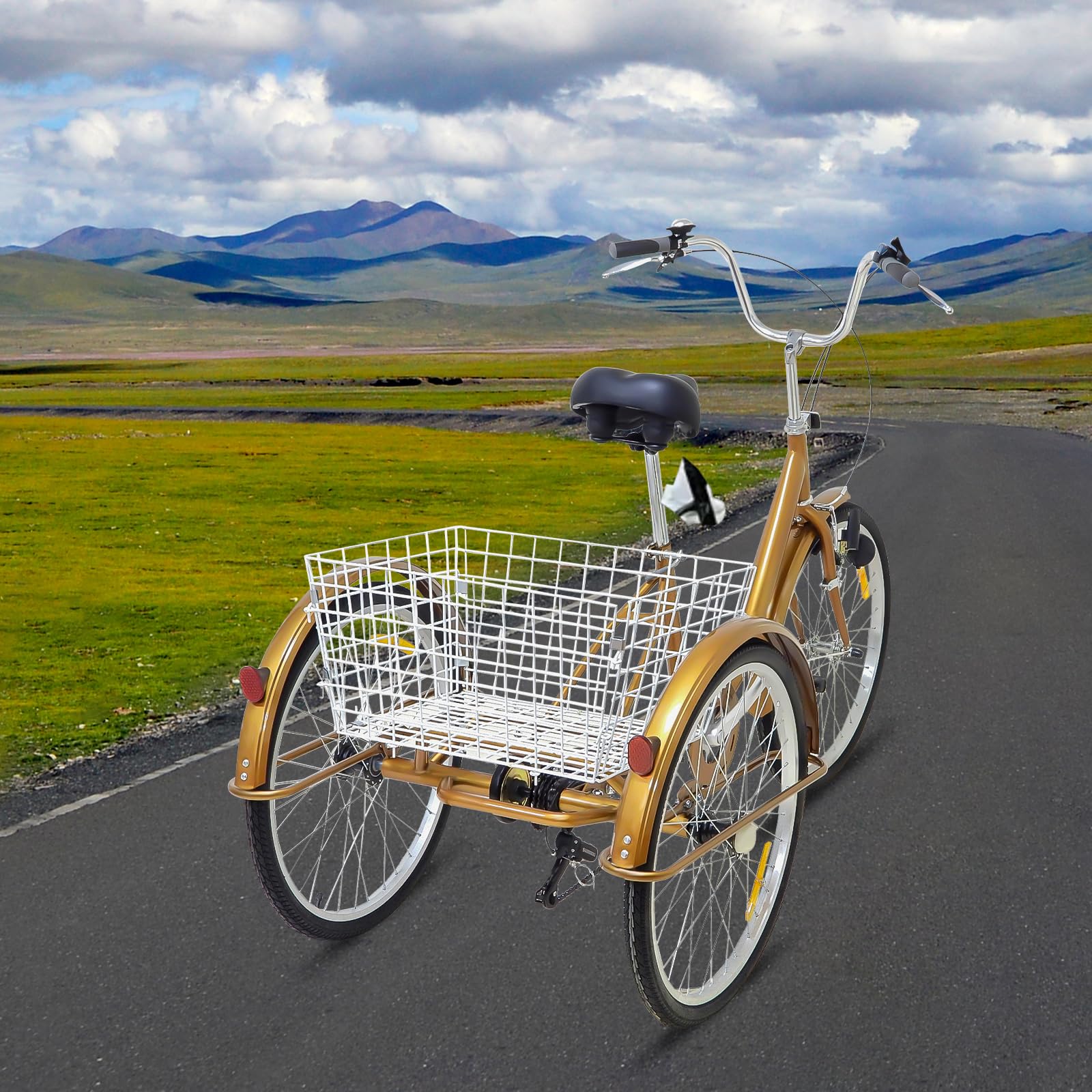 Tricycle de 24 pouces pour adultes, 6 vitesses avec lumière et panier à provisions, tricycle pour adultes seniors, croisière, pour les loisirs, le shopping, les pique-niques, les voyages