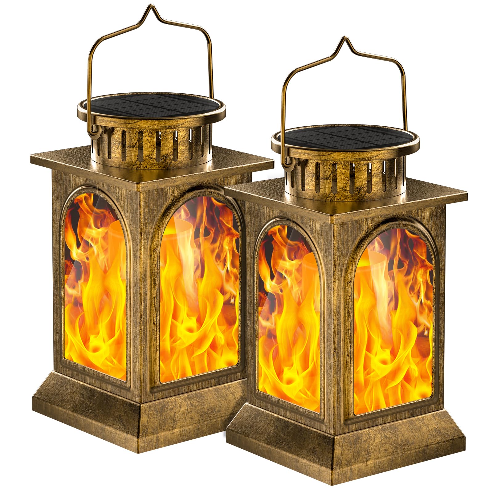 SOLARBABY Luci della Lanterna Solare, Metallo Flickering Flame Outdoor Luci solari a sospensione, Solar Powered Impermeabile Luci della Fiamma LED per Garden Yard Terrace Path (Bronzo, 2pcs Pack)