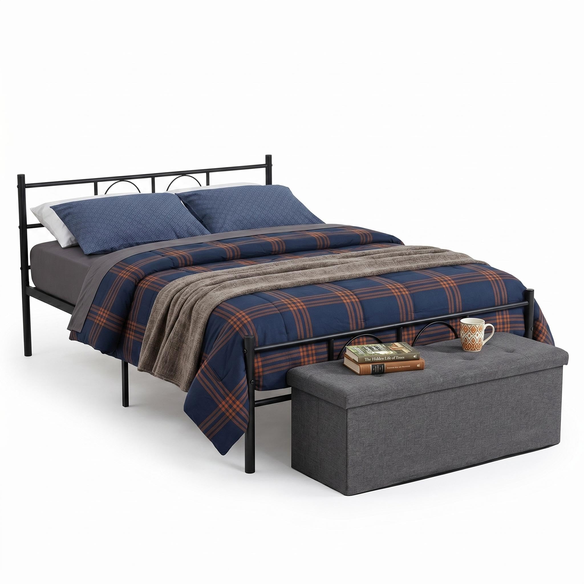 Cama doble de metal con otomana acolchada FurnitureR para optimizar el almacenamiento