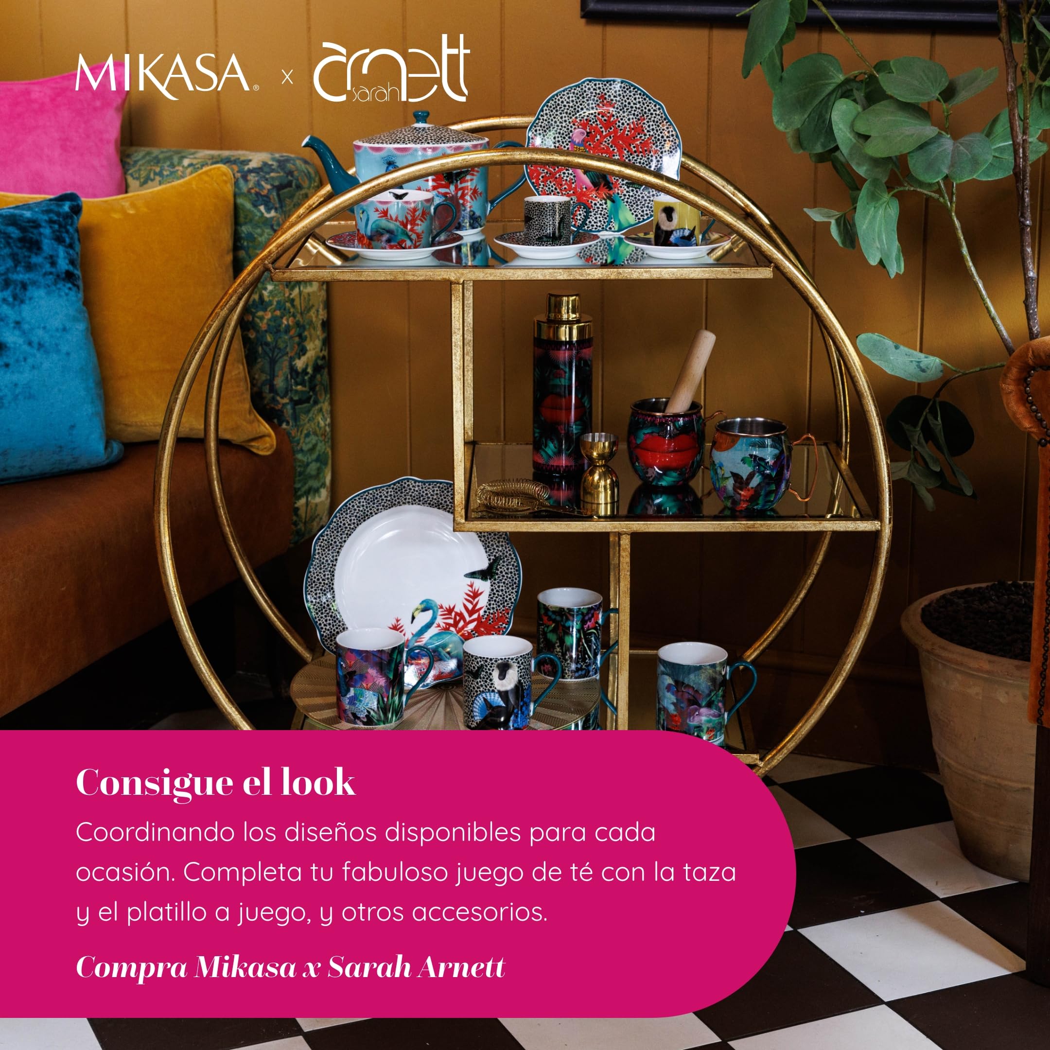 Mikasa x Sarah Arnett Tetera, Tetera de Porcelana con Tapa, Estampado Tropical para Entretenimiento, 1.1L - Caja de Regalo y Apta para Lavavajillas