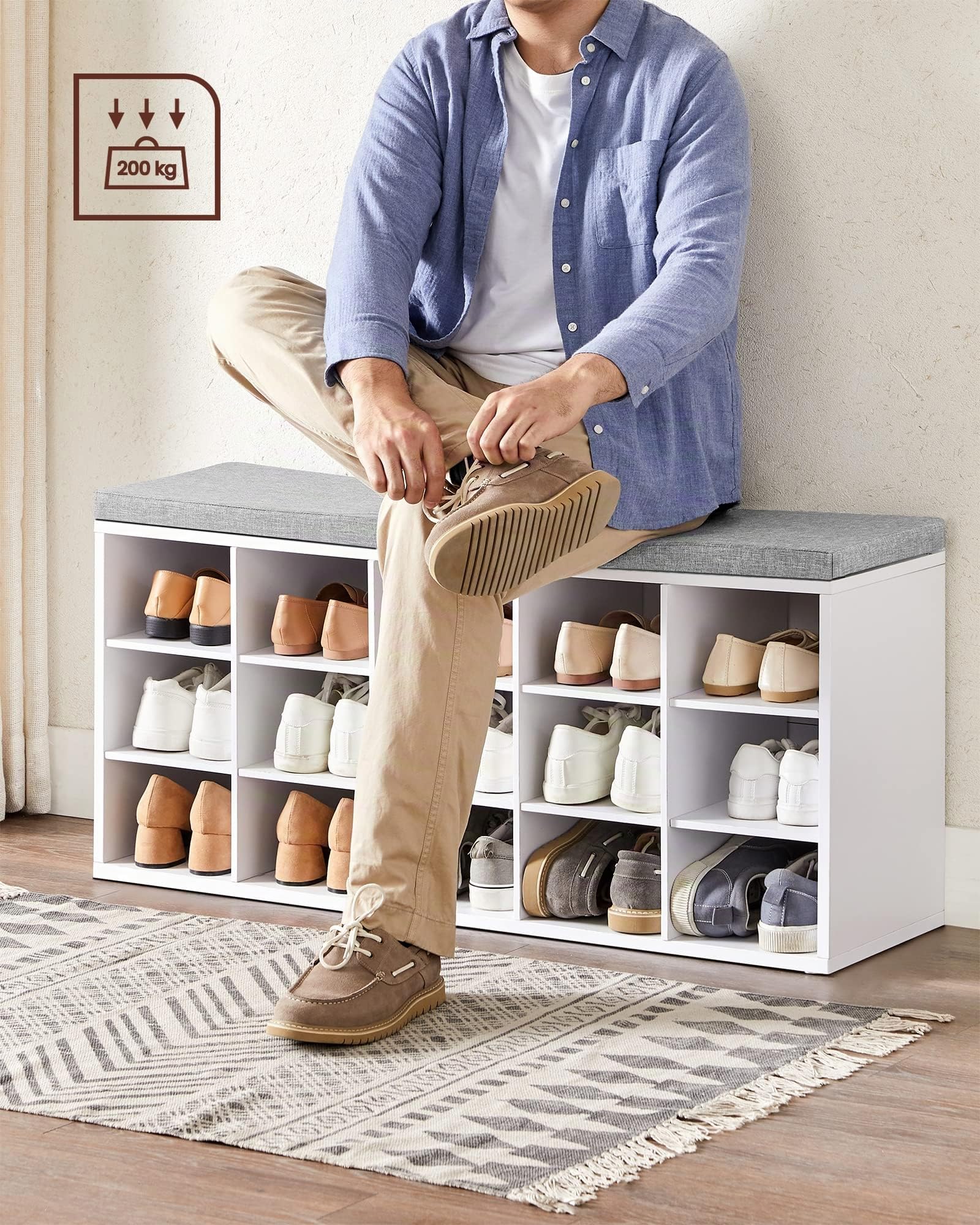 VASAGLE CUSTOS Collection - Banc à Chaussures, Organiseur de Chaussures avec 15 Compartiments, Siège Rembourré, pour Entrée, Couloir, Placard, Blanc Nuage et Gris Tourterelle LHS015WB02