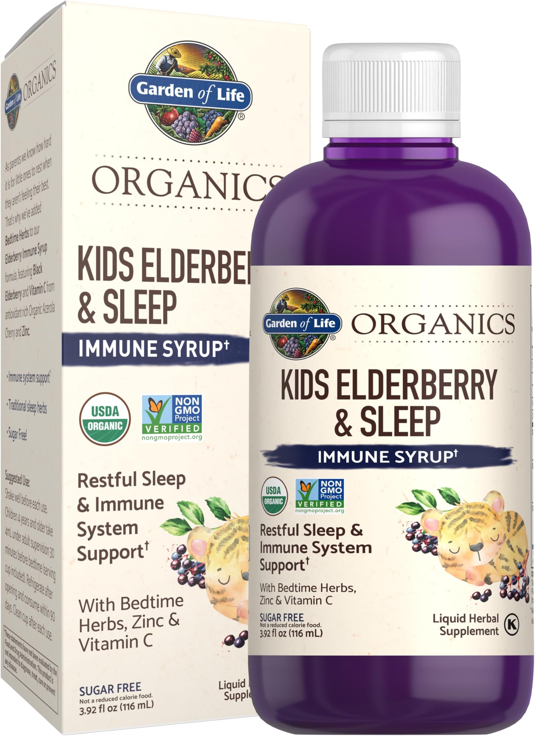 Organics Elderberry Immune Support for Kids with Zinc, Vitamin C - Kids Elderberry & Sleep Immune Syrup Liquid, Bedtime Herbs for Children, No Alcohol, No Added Sugar, 3.92 fl oz