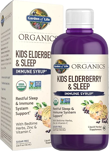 Garden of Life Organics Elderberry Immune Support for Kids with Zinc, Vitamin C - Kids Elderberry & Sleep Immune Syrup Liquid, Bedtime Herbs for Children, No Alcohol, No Added Sugar, 3.92 fl