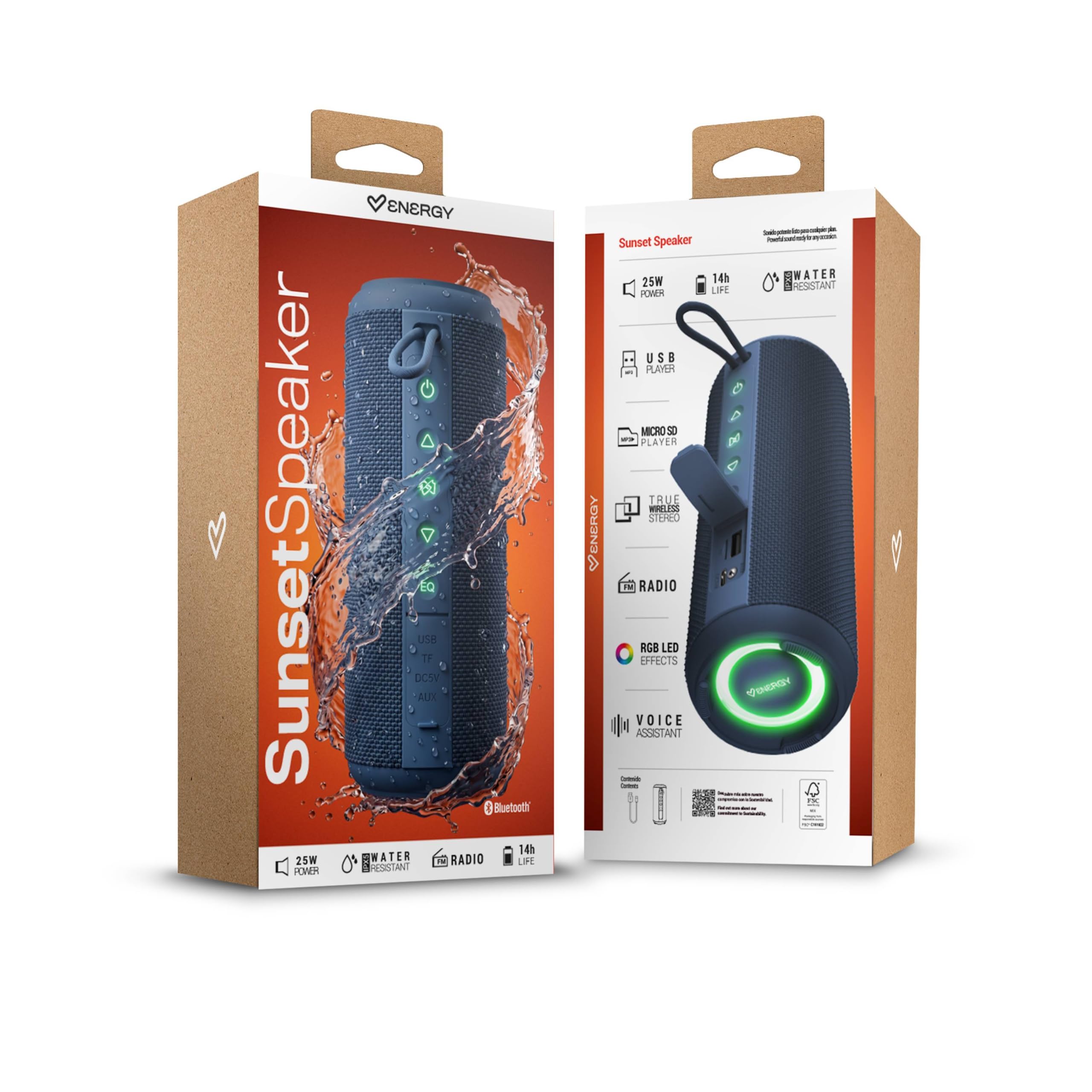 Energy Sistem Sunset - Altoparlante Bluetooth 5.4, 25 W, luci RGB e connessione TWS, impermeabile IPX6, batteria di lunga durata, ingresso USB, Micro SD e AUX, vivavoce e assistente vocale