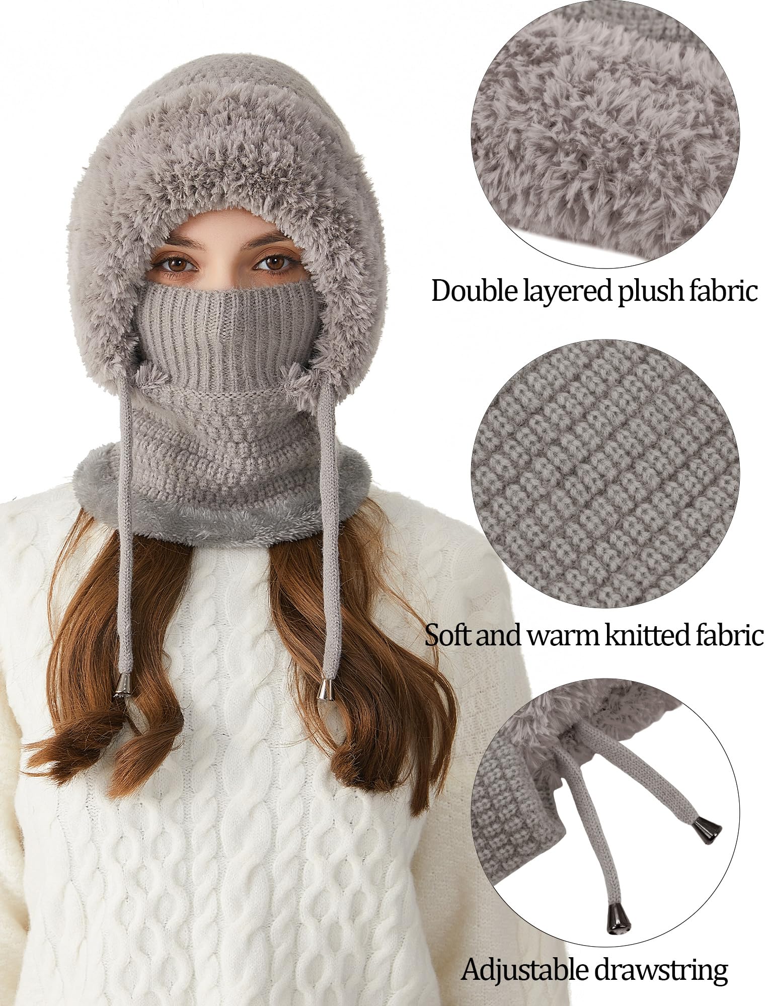 SEAUR Bonnet d'hiver souple pour femme avec doublure en polaire - Cagoule chaude - Avec cordon de serrage