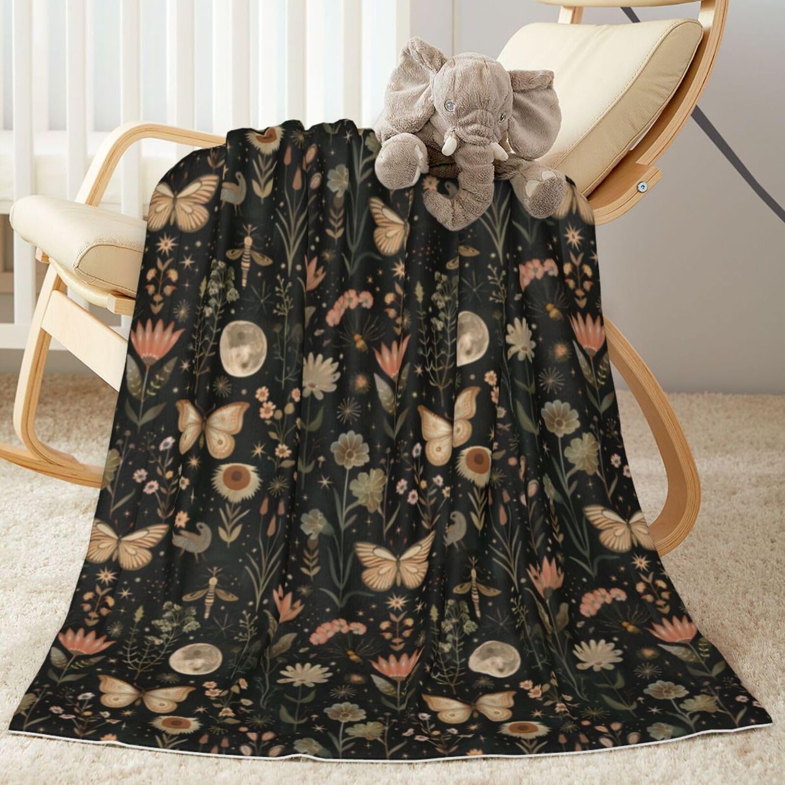 Baby Blanket Vintage Butterfly Moon Flower for Boy Girl Newborn 30x40 Inch Toddler Infant Nursery Throw Blankets Double Layer Comfy Soft Plush Stroller Crib Quilt