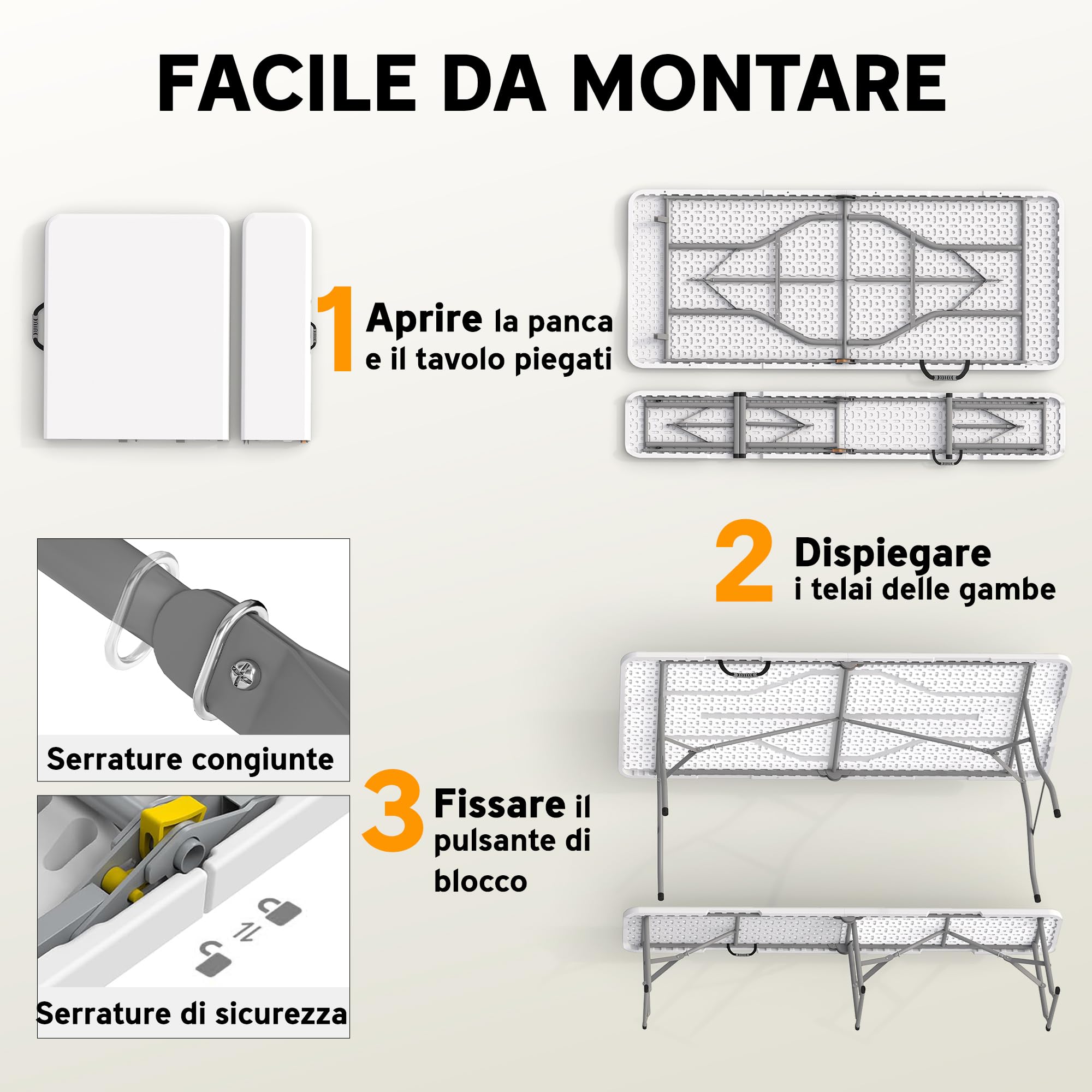Outsunny Set Tavolo da Campeggio Pieghevole con 2 Sedie, Tavolo da Pic Nic e 2 Panche da Esterno, Set Tavolino Campeggio con Maniglie in HDPE e Metallo, per Picnic, Mare, Spiaggia, Giardino, Bianco