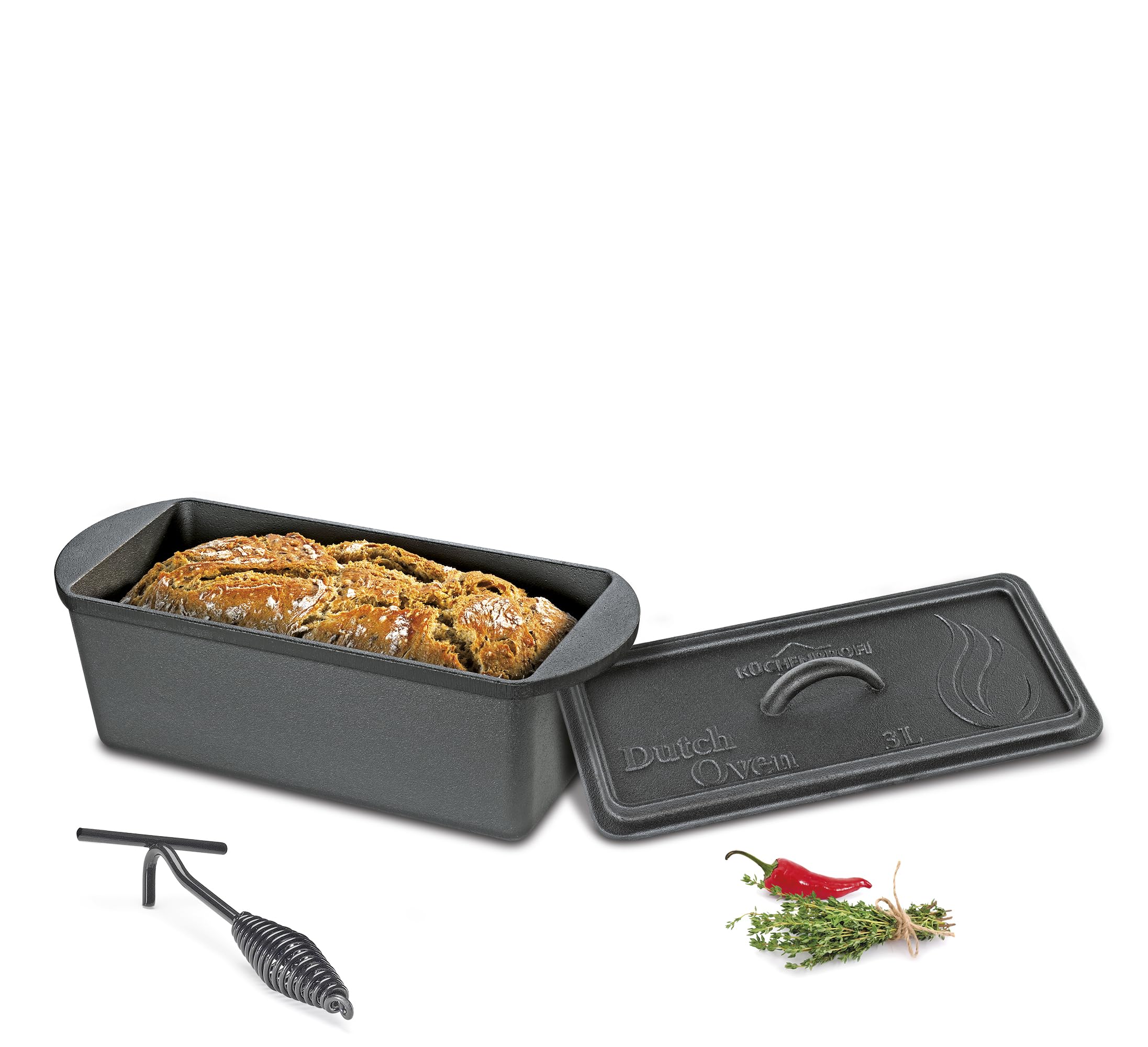 Küchenprofi Dutch Oven BBQ, żeliwo, gotowe do użycia, żeliwne naczynie w kształcie skrzynki, z pokrywką i podnośnikiem pokrywki, nadaje się do piekarnika i kuchenek indukcyjnych, garnek do pieczenia,