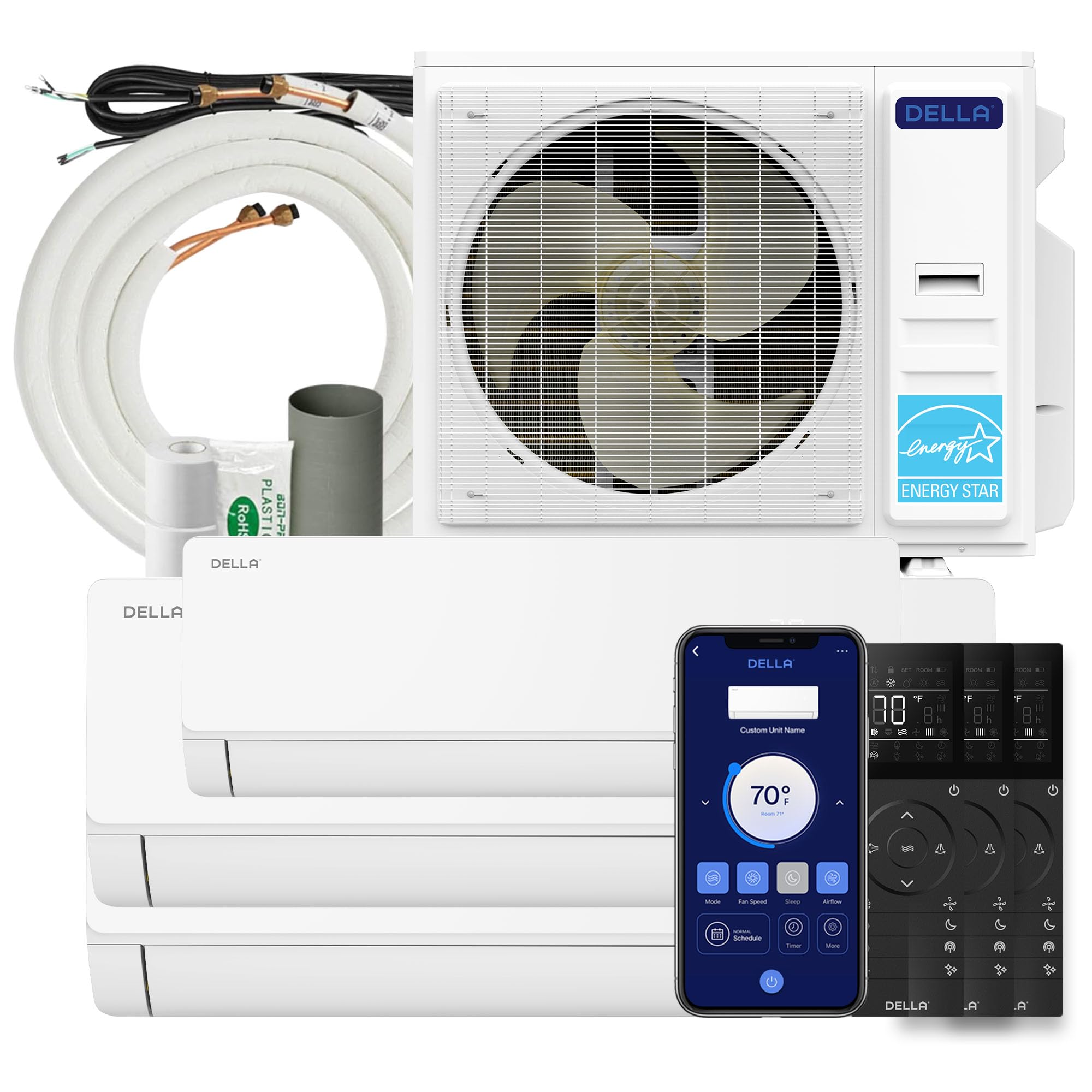 BELLEZE DELLA 38,000 BTU 3 Zone (12K+2x18K) Mini Split Air Conditioner System, 23 SEER2 208-230V, Cools Up to 2550 Sq.Ft, Energy Efficient, Works with Alexa & WiFi, Pre-Charged, Inverter Heat Pump,16ft Kits