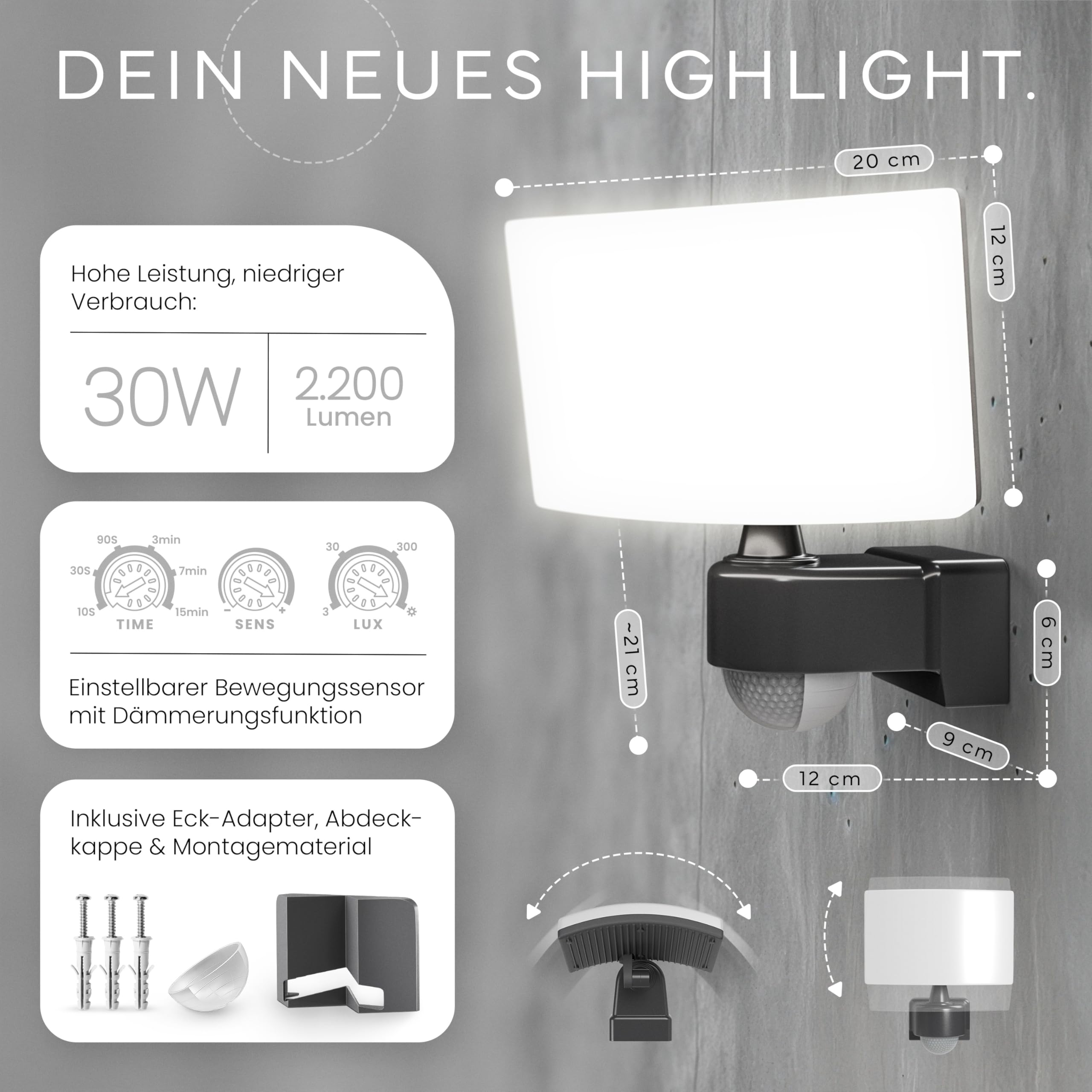 MATO Lumax LED Strahler mit Bewegungsmelder Außen - 30W Wand Außenleuchte inkl. Eck-Adapter - 3000K warmweiß, IP65 - Aussenlampe, Außenstrahler, Wandstrahler, Wandleuchte