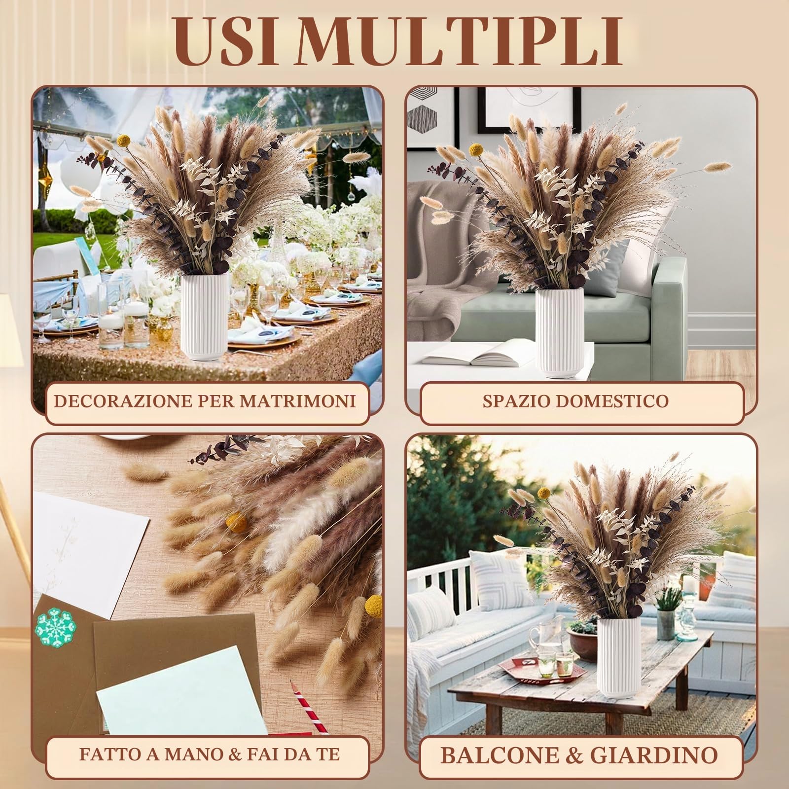 89 PCS Bouquet di Pampas Grass Essiccato, Decorazione Boho per Matrimoni, Tavoli e Casa | Erba della Pampa Bianca e Marrone | Bunny Tails, Fiori Secchi per Eventi Rustici e Arredamento Estiv