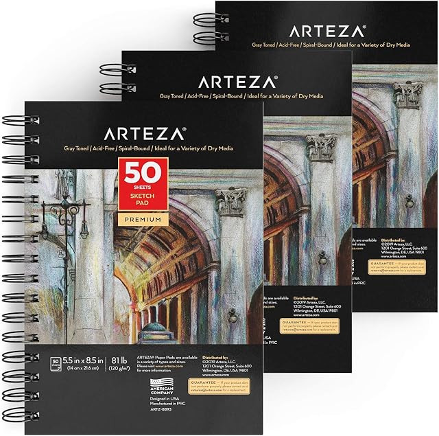 Arteza 14 x 21.6 cm Grey Toned Sketch Pad, Pack of 3, 150 Sheets (118 GSM), Spiral-Bound, 50 Sheets Each, Heavyweight Acid-Free Paper, Art Supplies for Graphite & Colored Pencils