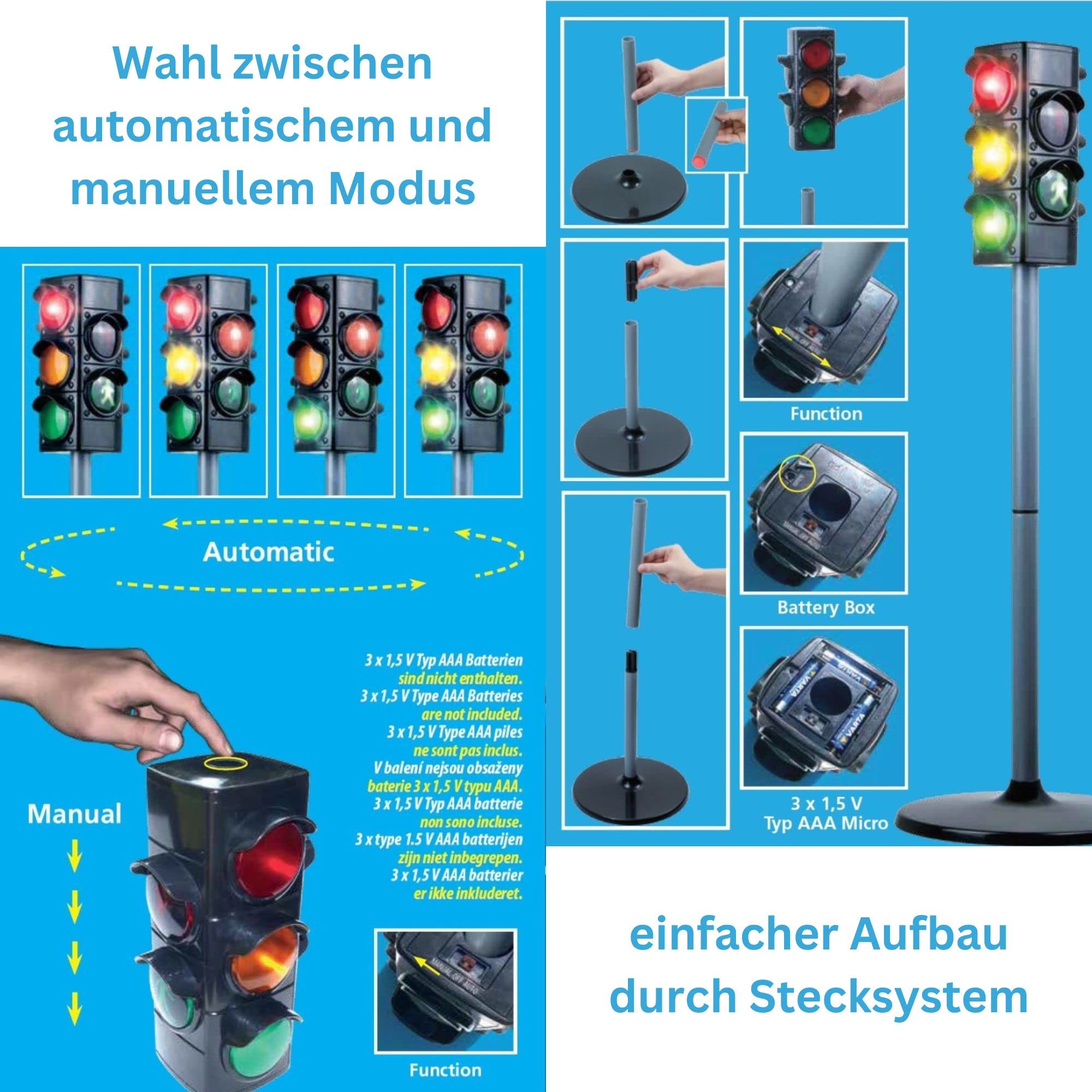 alldoro 60095 Verkehrsampel, Ampel für Kinder mit breitem Fuß, ca. 75 cm hoch, mit 2 Fahrzeug-und 2 Fußgängerampeln, batteriebetrieben, 2 Leuchtmodi und Schalter
