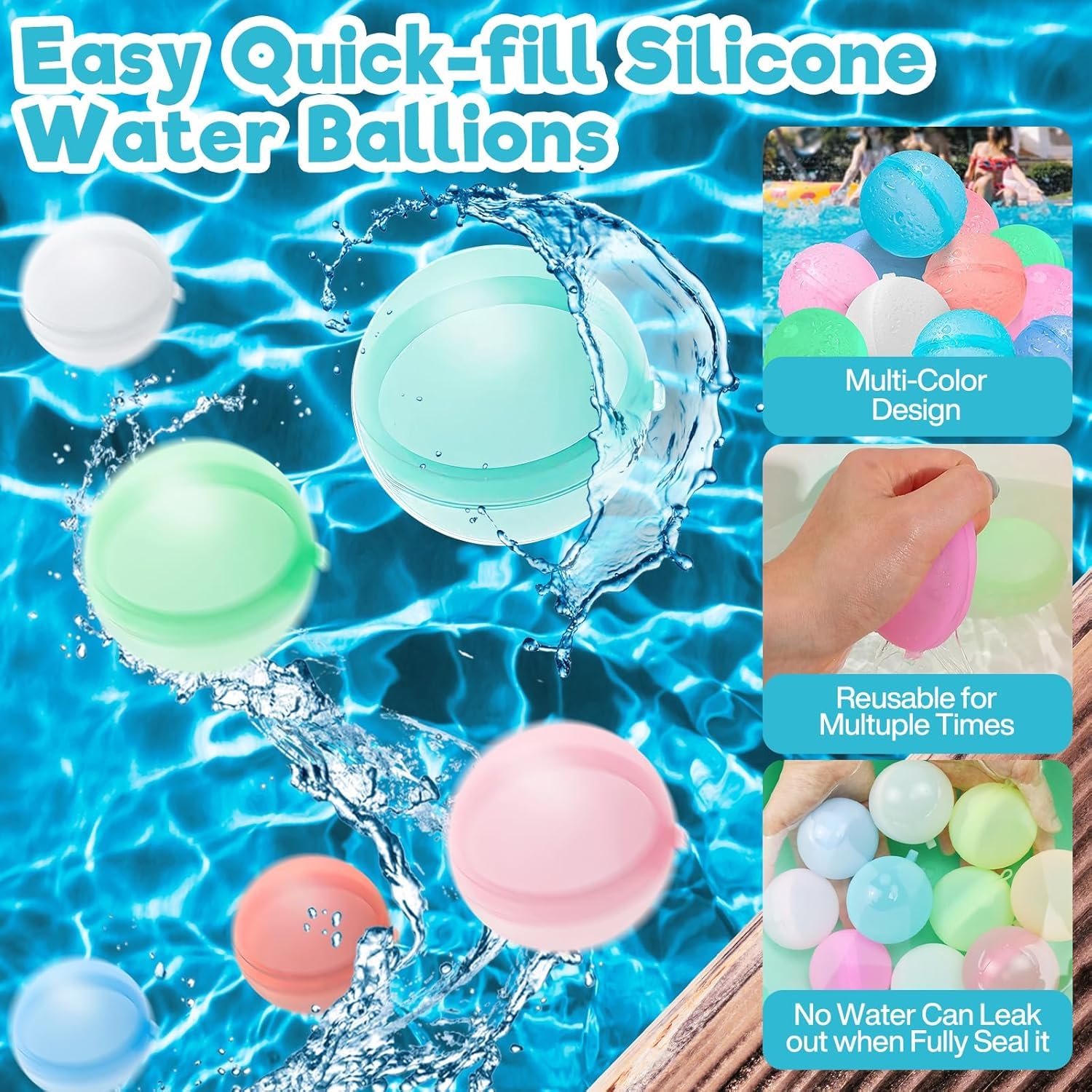 NCKIHRKK Globos de Agua Reutilizables, 36 Piezas Globos Agua de Silicona de Llenado Rapido, Juguetes de Bolas Agua Rellenables, Pelotas de Agua Juegos Playa/Piscina/Verano/Fiestas Acuáticas para Niños — view 2