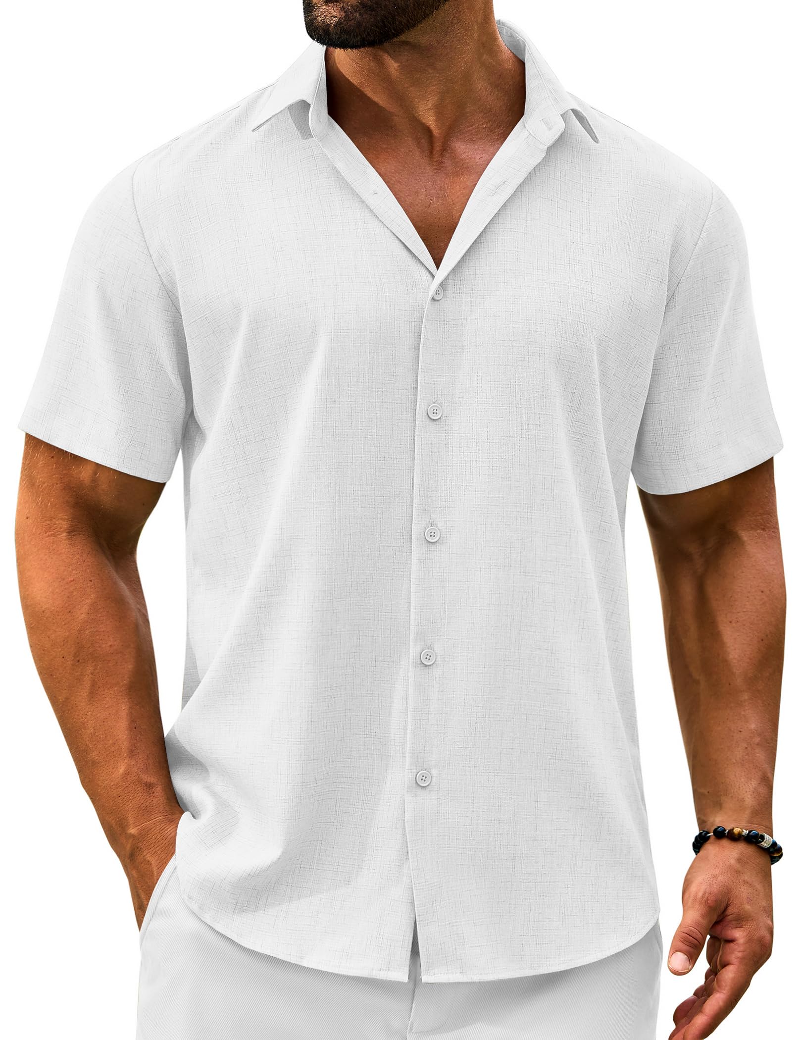 VOZZBY Men's Linen Shirts Short Sleeve Casual Button Down Shirts Summer Beach Wedding Vacation Cotton Tops