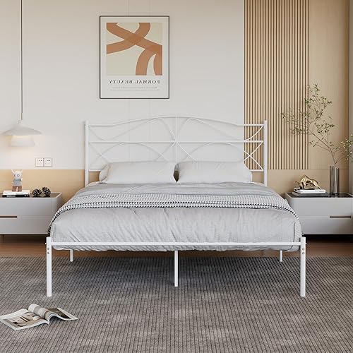 Miniatura 72 de VECELO Base de cama de plataforma metálica de tamaño matrimonial con cabecera y estribo, base de colchón de soporte de listones resistentes, no