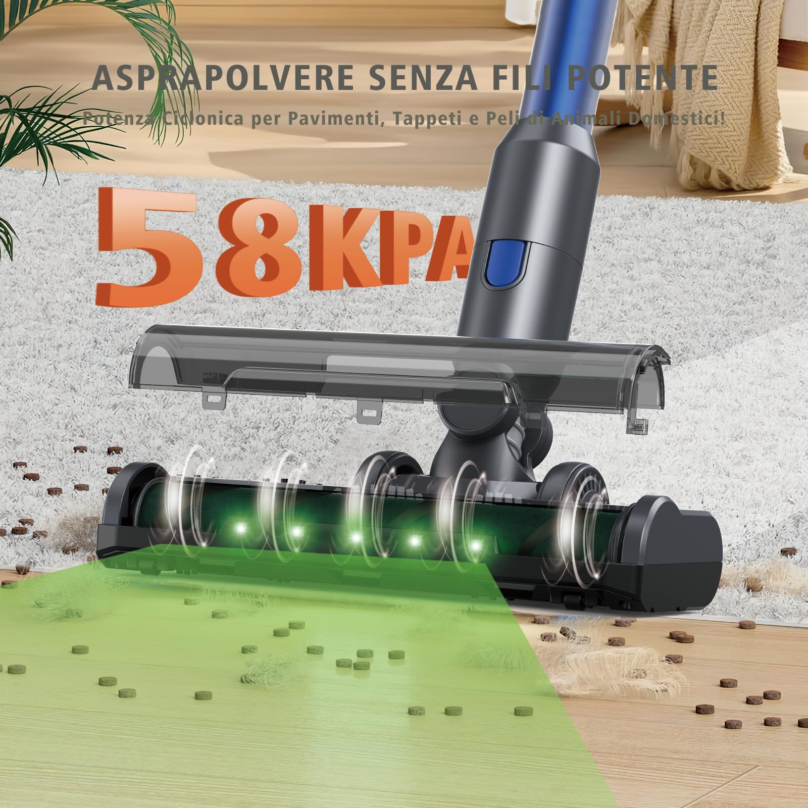 SculifyVita Aspirapolvere Senza Fili Potente 58KPA, Scopa Elettrica con Anti-Groviglio e LED per Peli Animali, 60 Min Autonomia, 2L, HEPA H13, Autoportante