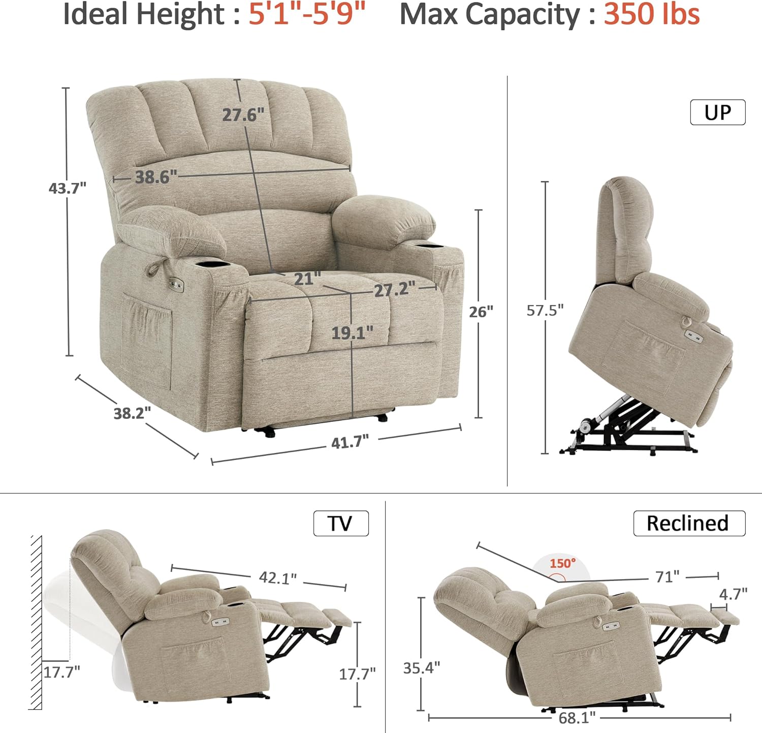 Diagram showing detailed dimensions of the MCombo Power Lift Recliner Chair in upright, TV, and fully reclined positions, including ideal user height and maximum weight capacity.