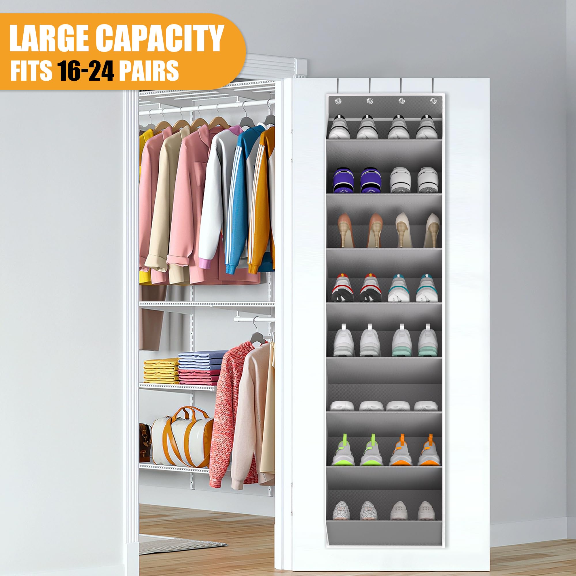 KYEVIS Organizador de zapatos para colgar sobre la puerta de 16 a 24 pares, organizador de zapatos colgante para puerta de armario, soporte para zapatos de bolsillo profundo para tenis, almacenamiento