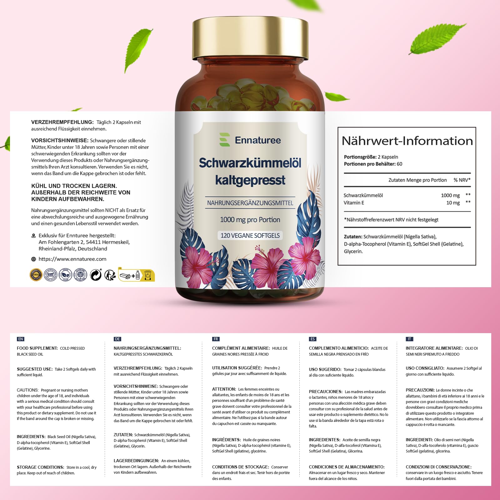 Schwarzkümmelöl Kapseln mit Vitamin E Naturbelassen und Kaltgepresst Schwarzkümmelöl 1000mg pro Tagesdosis Hochdosiert Vegan 120 Kapseln Deutsche Premium Qualität