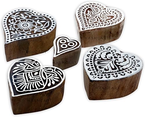 HASHCART Juego de 5 sellos de impresión de madera en forma de corazón, bloques de impresión de textiles indios tallados a mano para manualidades en
