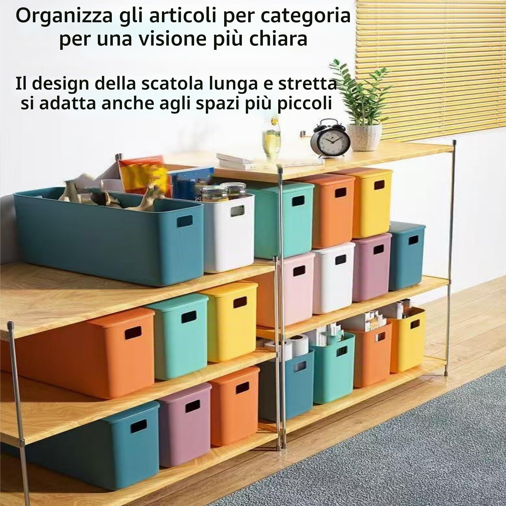Set di 4 Scatole Portaoggetti Impilabili con Coperchio, Contenitori in Plastica Multiuso per Casa, Scaffali, Cucina, Bagno (Giallo, 37 * 13 * 15cm)