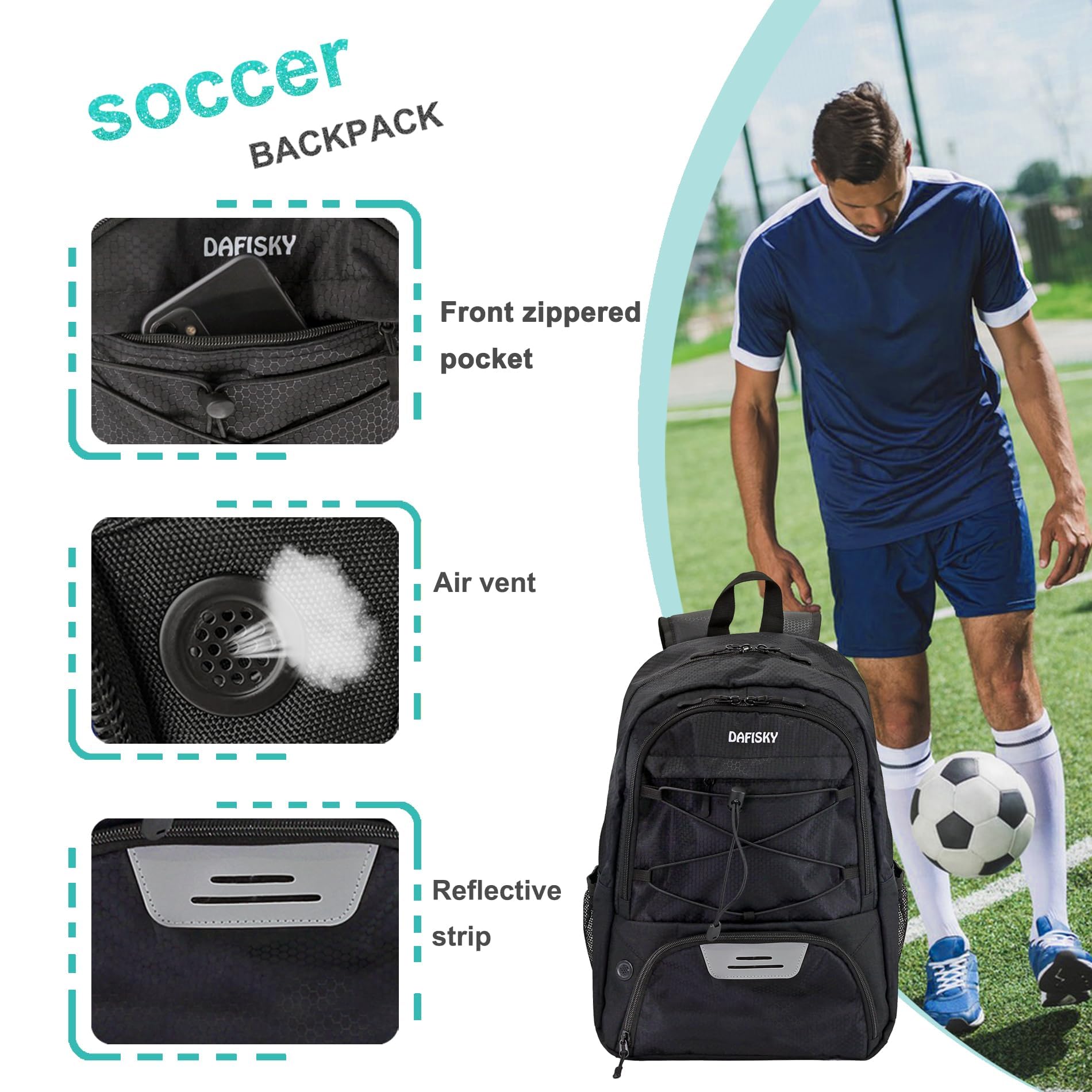 DAFISKY Jugend-Fußball-Rucksack – Fußballtasche mit Schuhen und Ballfach, Sporttasche für Basketball, Volleyball, Fußball, Schwarz