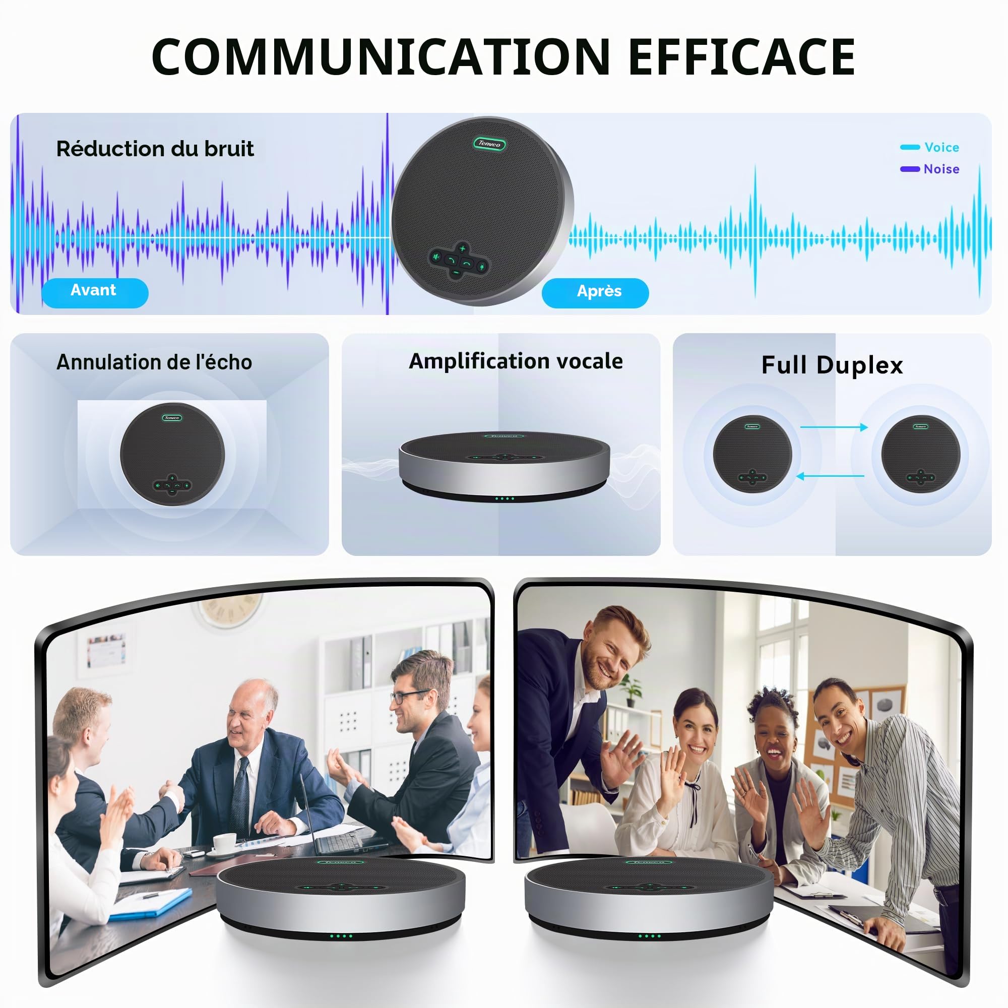 Tenveo Haut-Parleur de Conférence Bluetooth sans Fil, 8 Micros Omnidirectionnels 360°, Portée 6m, 18H Autonomie, Microphone de Réunion USB pour 15 Personnes, Compatible Zoom/Teams/PC