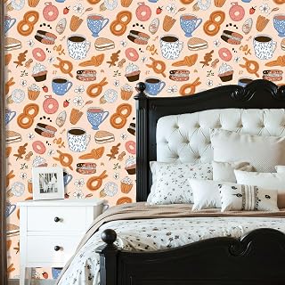 Peel and Stick Wallpaper Countertop Contact Paper Breakfast Seamless Hand Drawn Style Cute Coffee Bakery Endless Print Self Adhesive Wallpaper for Cabinets Bedroom Renter Friendly Decor 17.5"x118"