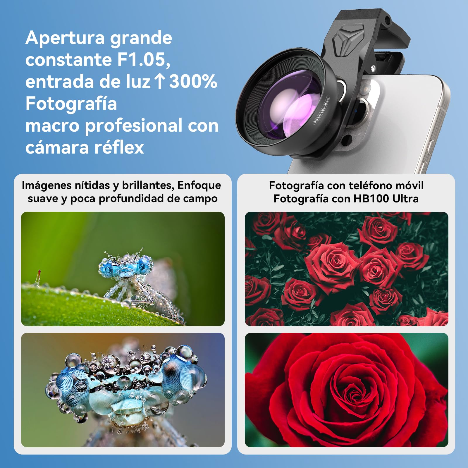 APEXEL HB100 Ultra Lente Macro para Teléfono Móvil HD con CPL de 52 mm y Filtro Starlight, Apertura F1.05 y Revestimiento AF, Objetivo para Móvil Adecuada para Todos los Teléfonos Inteligentes