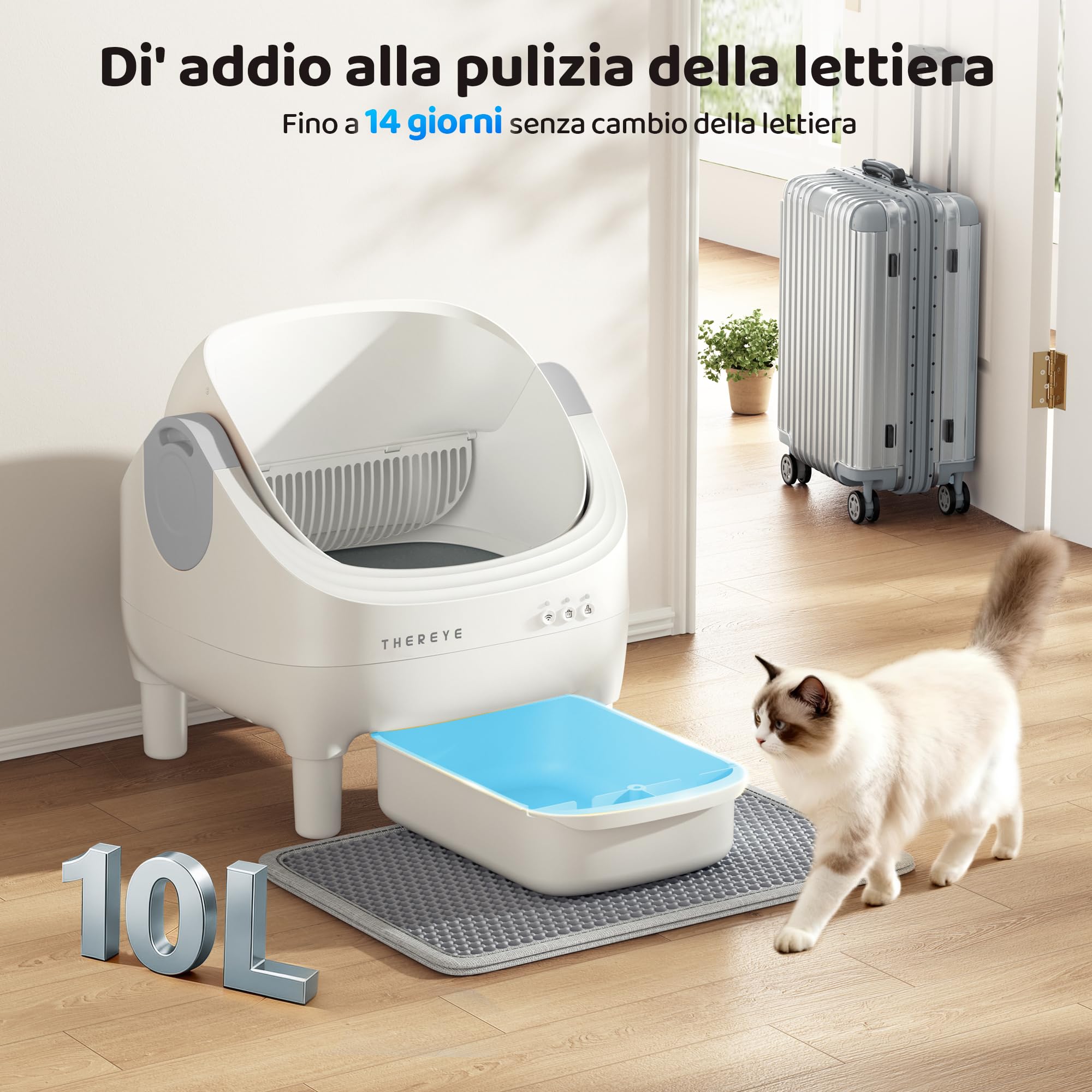 Thereye Lettiera Gatto Autopulente, Lettiera Automatica Per Gatti con Controllo App, Sensore di Sicurezza, Anti-Odore, Contenitore per Rifiuti da 10 L, per Gatto di Grandi/Più Gatti (3-30lb)